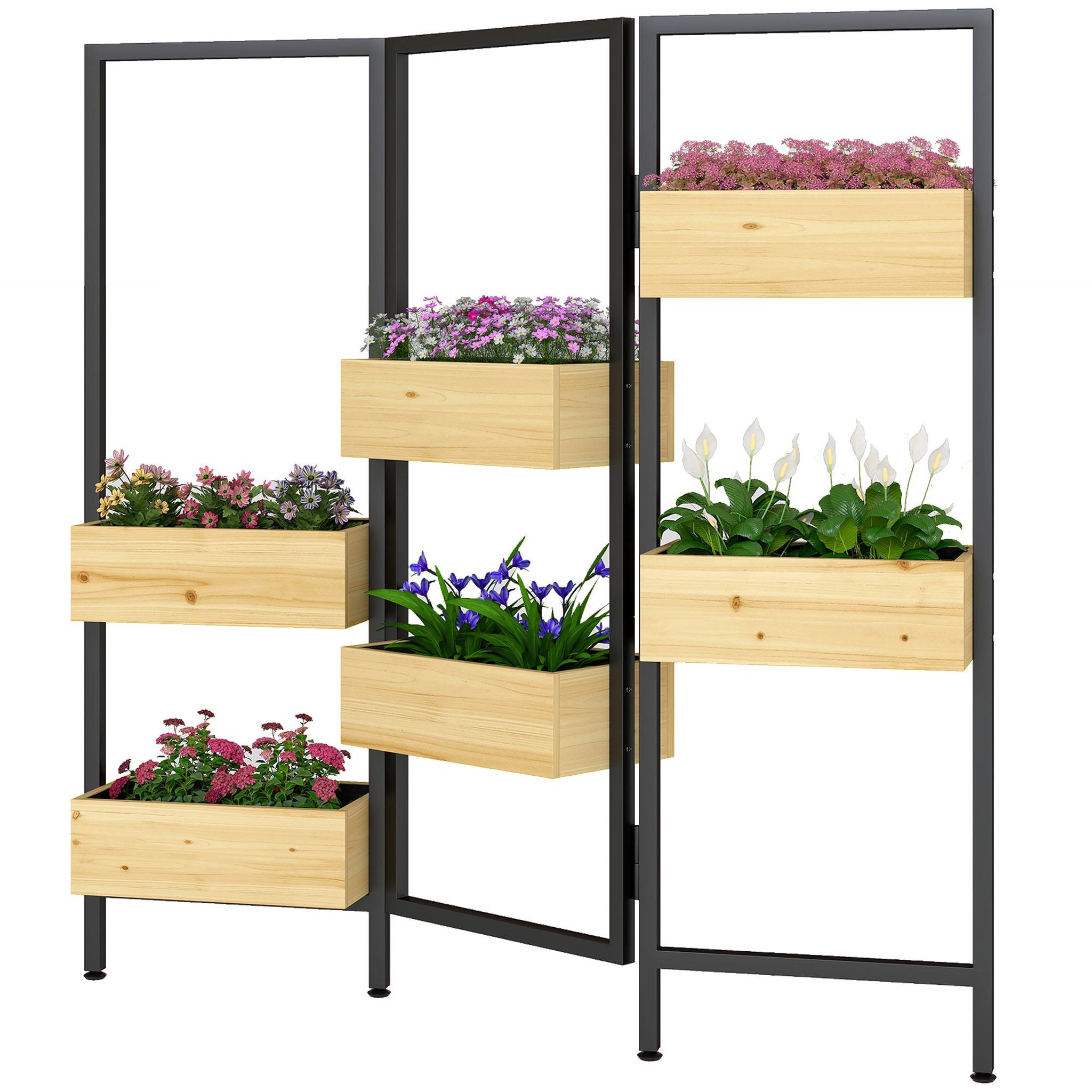 Voir la diapositive 5 : OUTSUNNY Séparateur de pièce intérieur extérieur 3 panneaux - 6 jardinières - acier noir bois