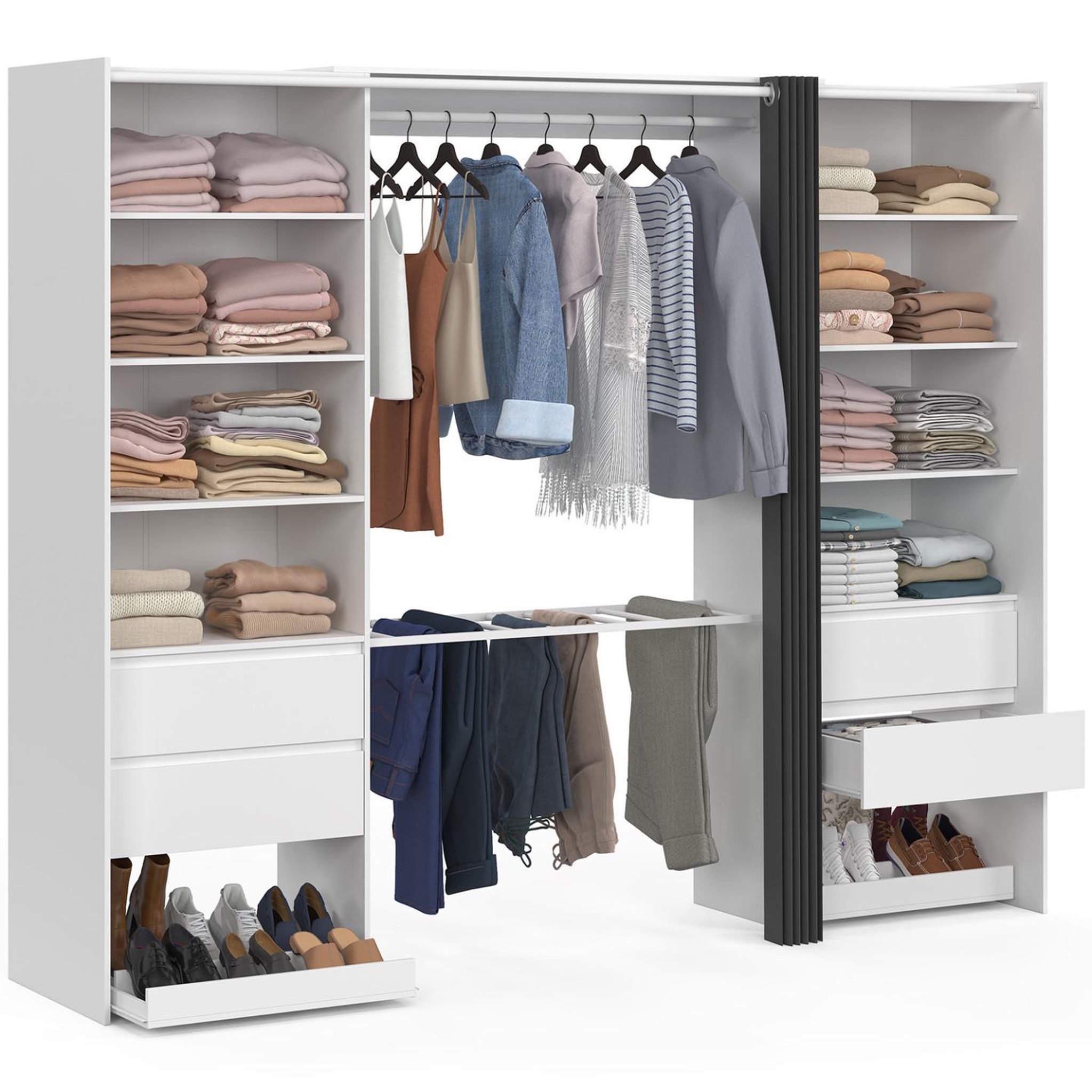 ID MARKET Dressing double xxl meryl 220 cm avec porte pantalons + étagères + tiroirs + rangements à chaussures blanc et gris