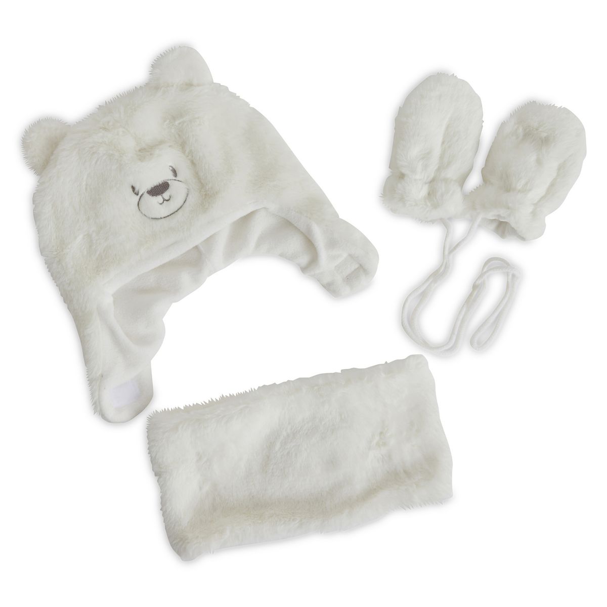 IN EXTENSO Ensemble bonnet, snood et moufles en fourrure bébé