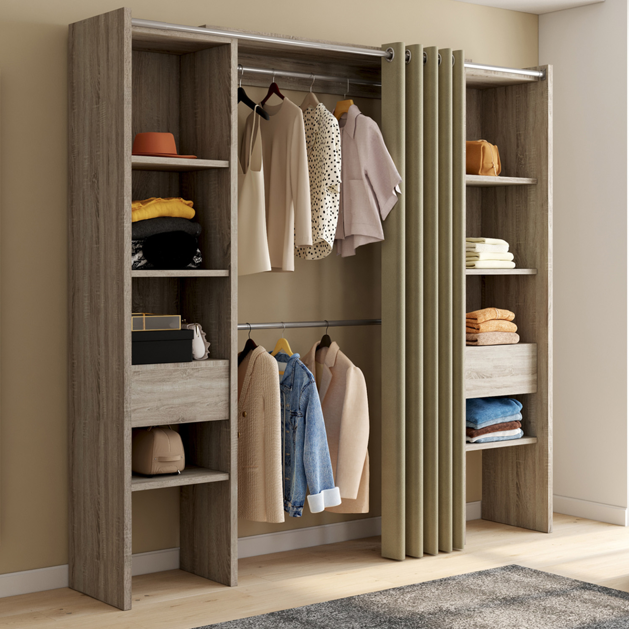 Voir la diapositive 2 : ID MARKET Dressing extensible double meryl 120/180 x 50 x 180 cm hêtre avec étagères + double penderie + rideau taupe