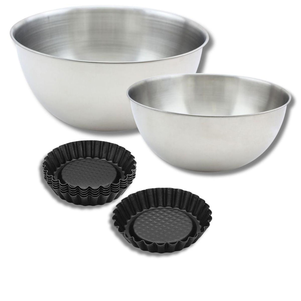 ZENKER Ensemble avec 1 Lot de 6 moules à tartelettes, 1 spatule Zenker et 2 bols à mixer en inox Fackelmann