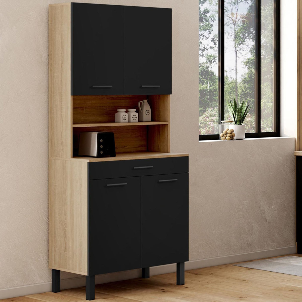 ID MARKET Buffet de cuisine 80 CM CINA 4 portes + tiroir façon hêtre et noir