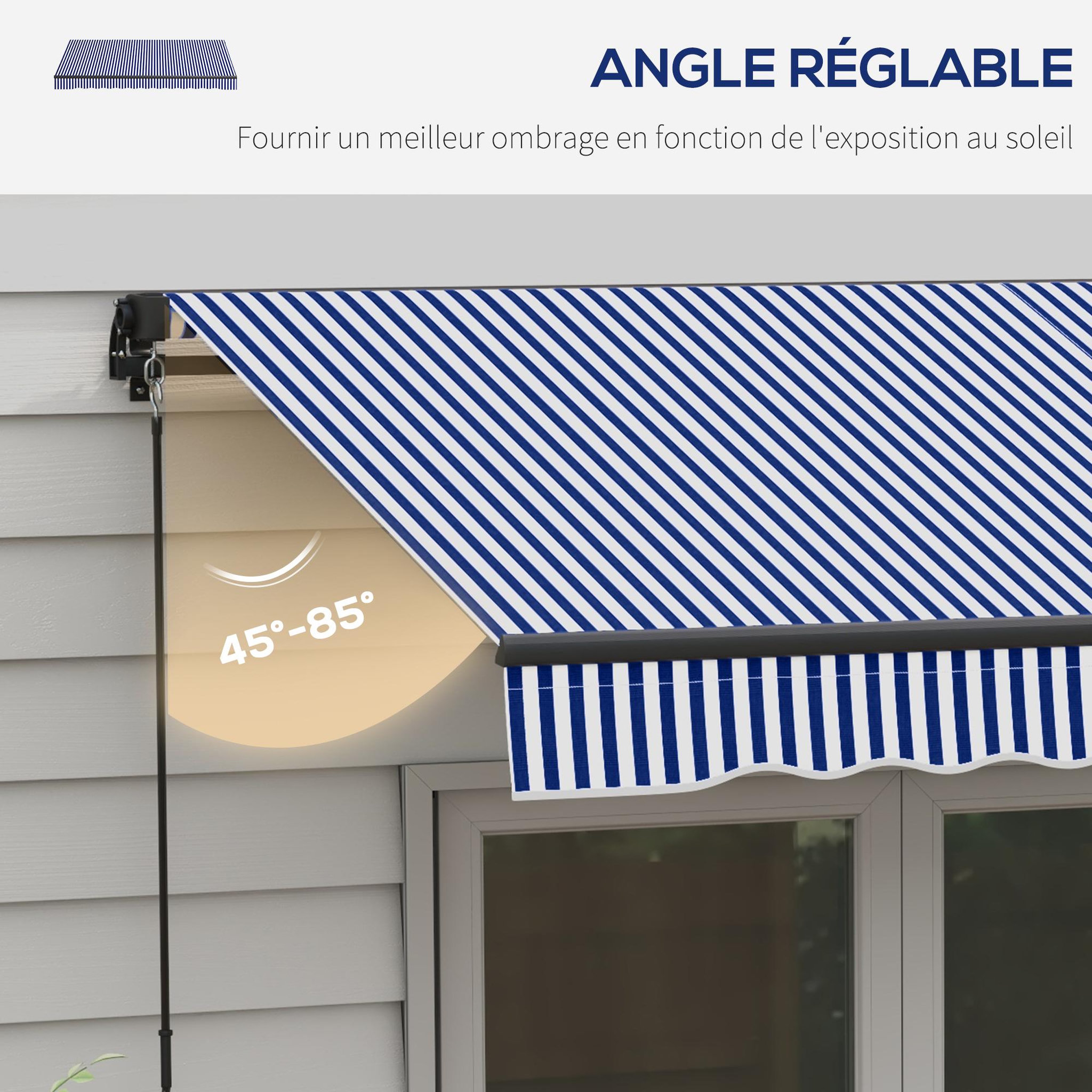 Voir la diapositive 4 : OUTSUNNY Store banne manuel rétractable inclinaison réglable manivelle alu polyester anti-UV bleu blanc