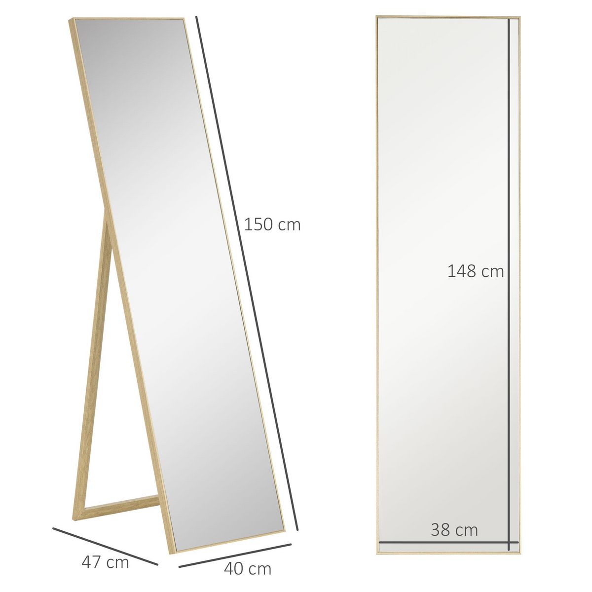 HOMCOM Miroir sur pied rectangulaire dim. 40L x 47l x 147H cm MDF aspect bois de chêne clair