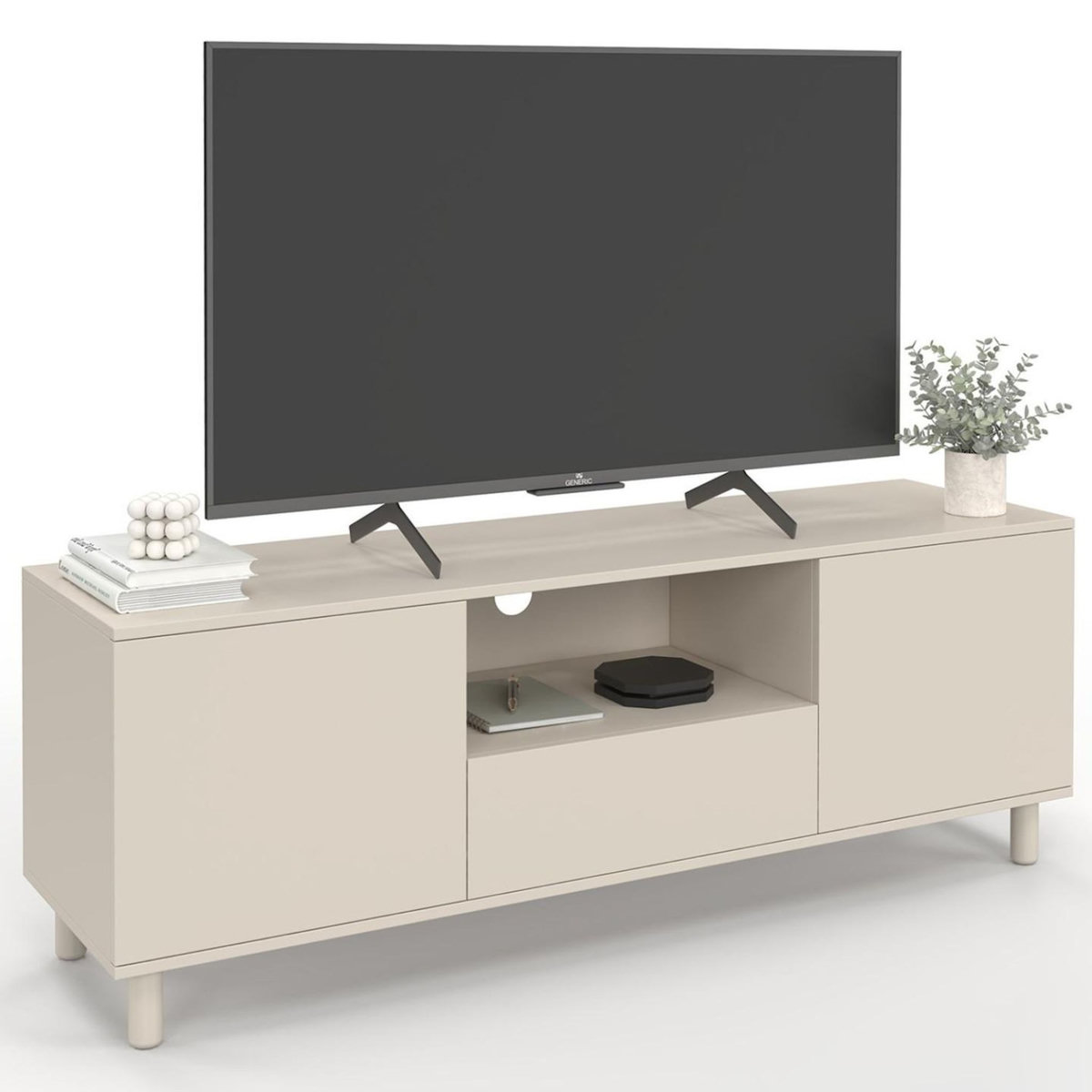 ID MARKET Meuble TV 140 cm BERTILLE 3 portes bois beige