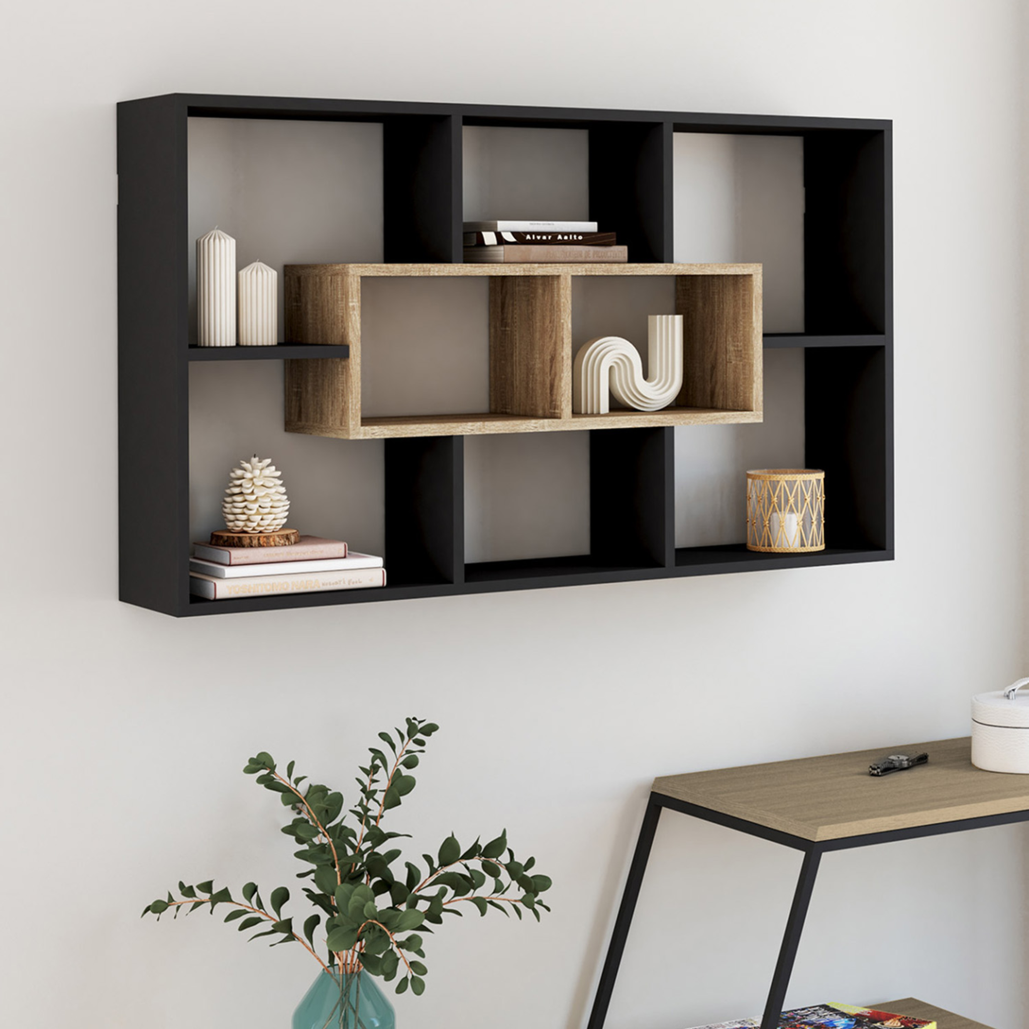 Voir la diapositive 2 : ID MARKET Etagère murale colette avec 8 compartiments noir et effet bois