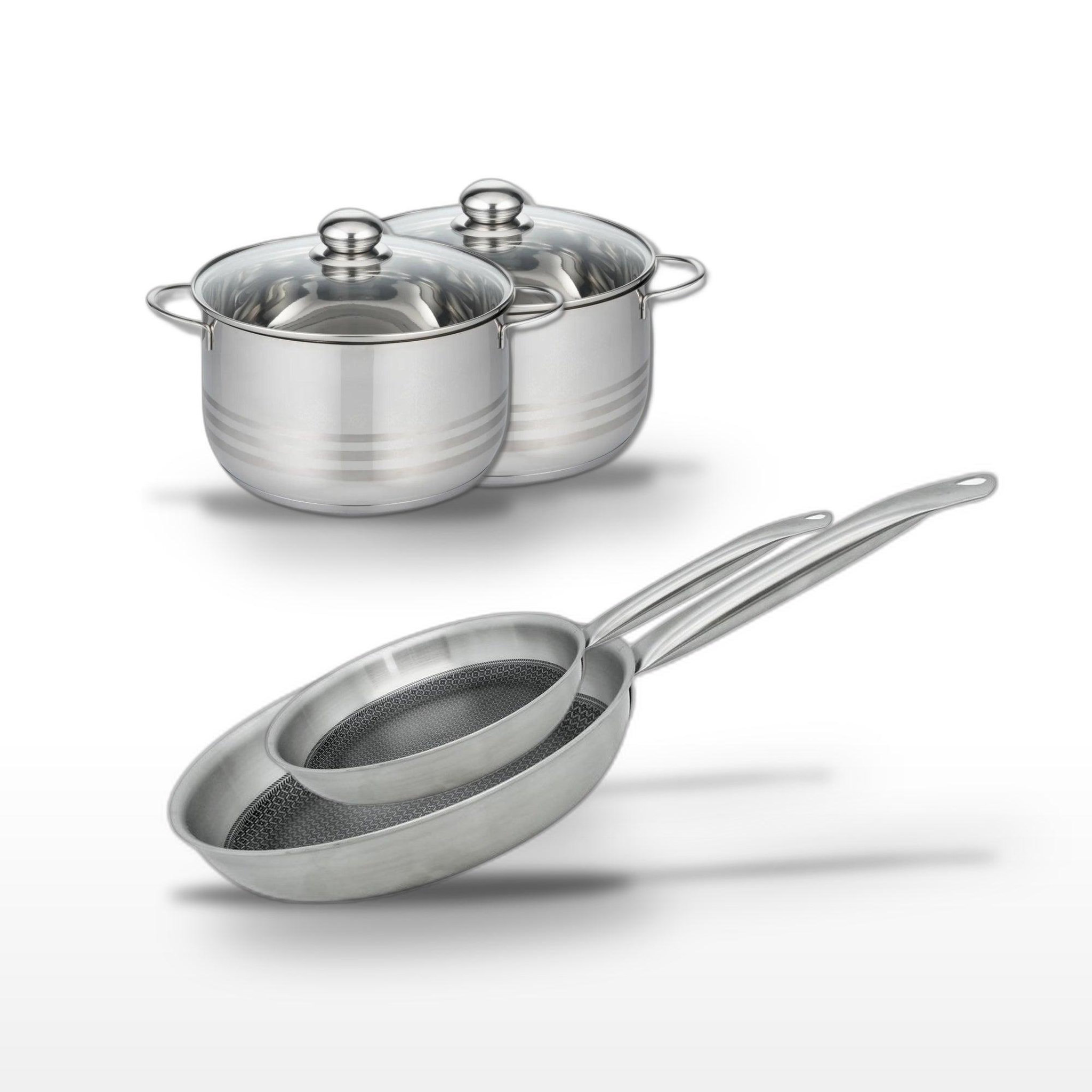 ELO Batterie de cuisine avec 2 poêles 24/28 cm et 2 faitouts 20/24 cm en inox et sans pfas elo collection relief solution brillant