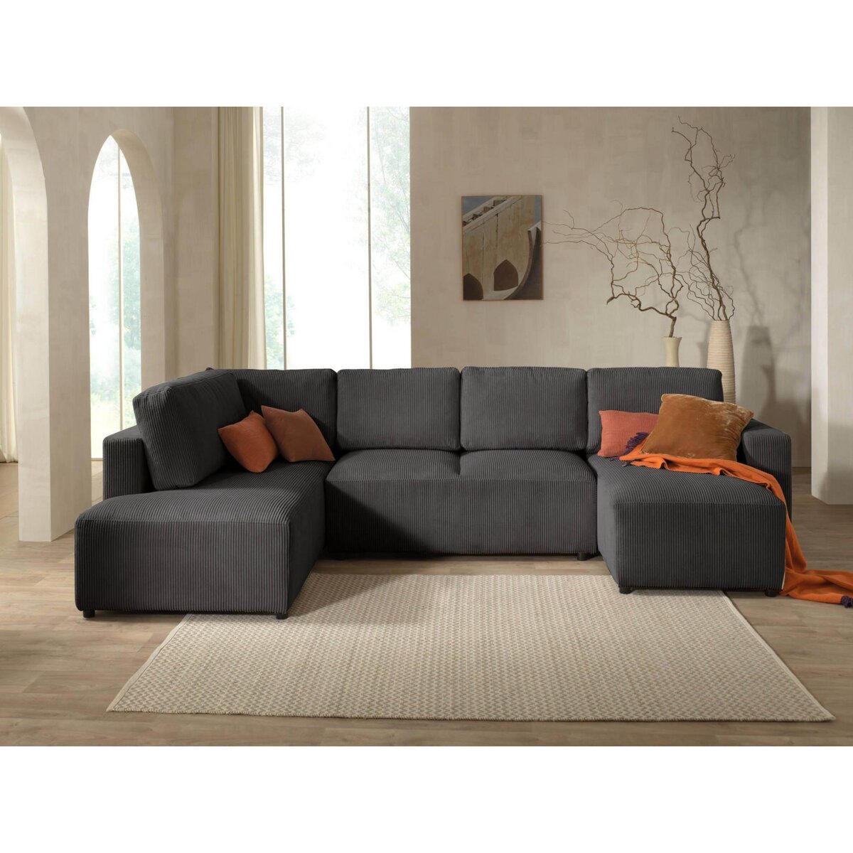 LISA DESIGN Livy - canapé panoramique convertible - avec coffre - en velours côtelé - 7 places - gauche