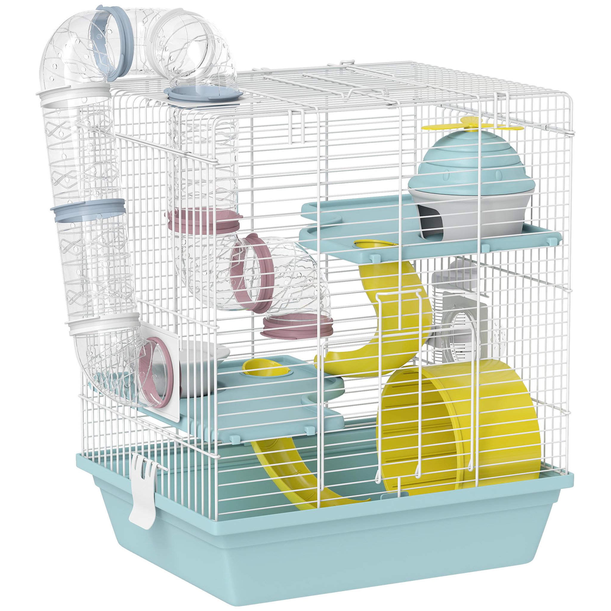 PAWHUT Cage rongeur hamster 3 niveaux cabane roue tunnel toboggan biberon mangeoire 34 x 27 x 41 cm blanc bleu