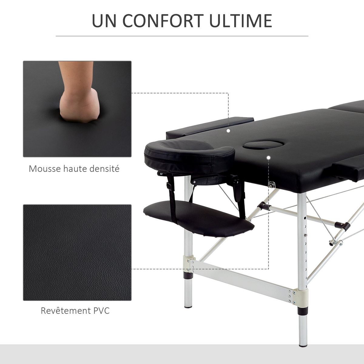 HOMCOM Table de massage pliable 3 zones hauteur réglable dim. 185L x 70l x 59-84H cm sac transport alu. synthétique PVC noir