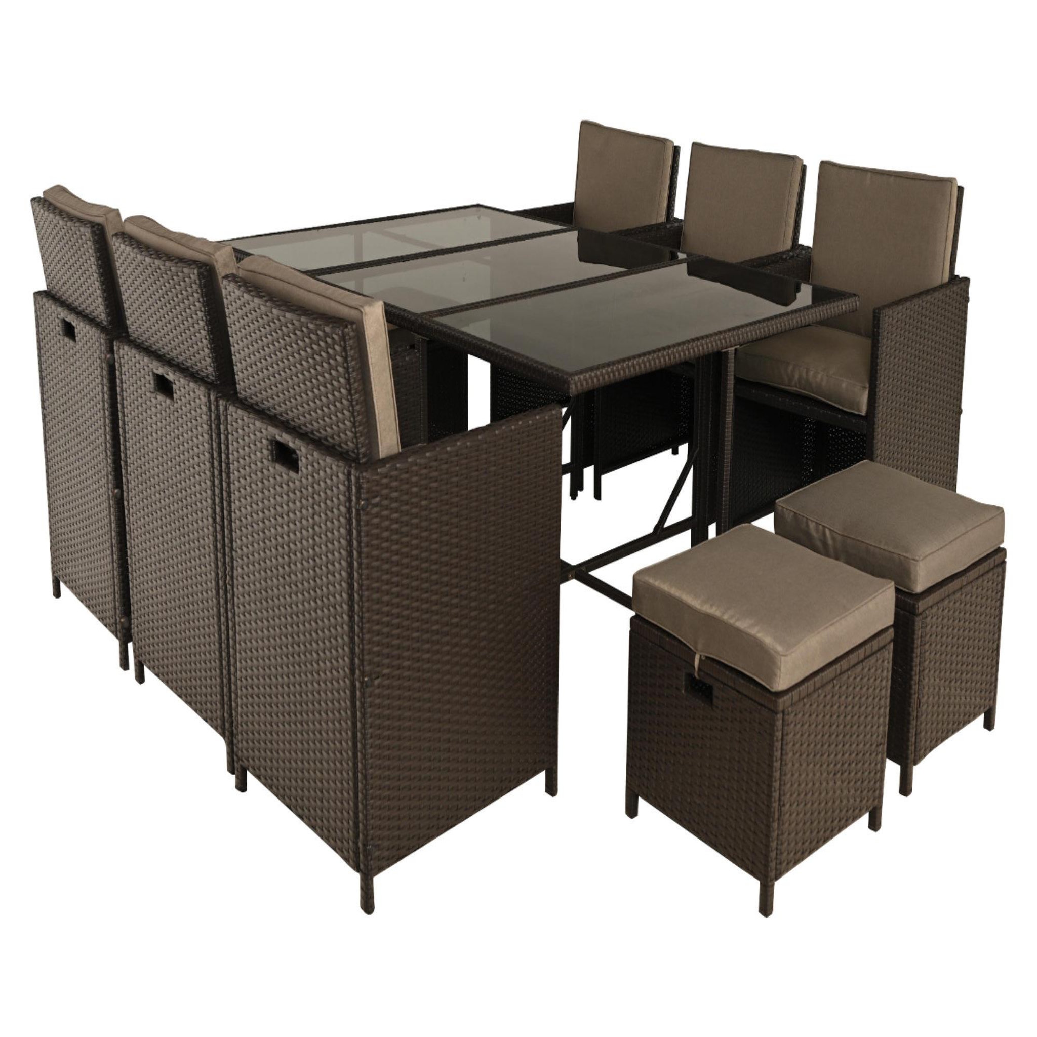 Voir la diapositive 1 : BEST MOBILIER Tao - salon de jardin encastrable 10 places - résine tressée marron - coussins taupe - plateau en verre + housse de protection