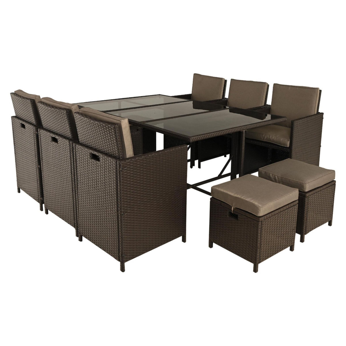 BEST MOBILIER Tao - salon de jardin encastrable 10 places - résine tressée marron - coussins taupe - plateau en verre + housse de protection