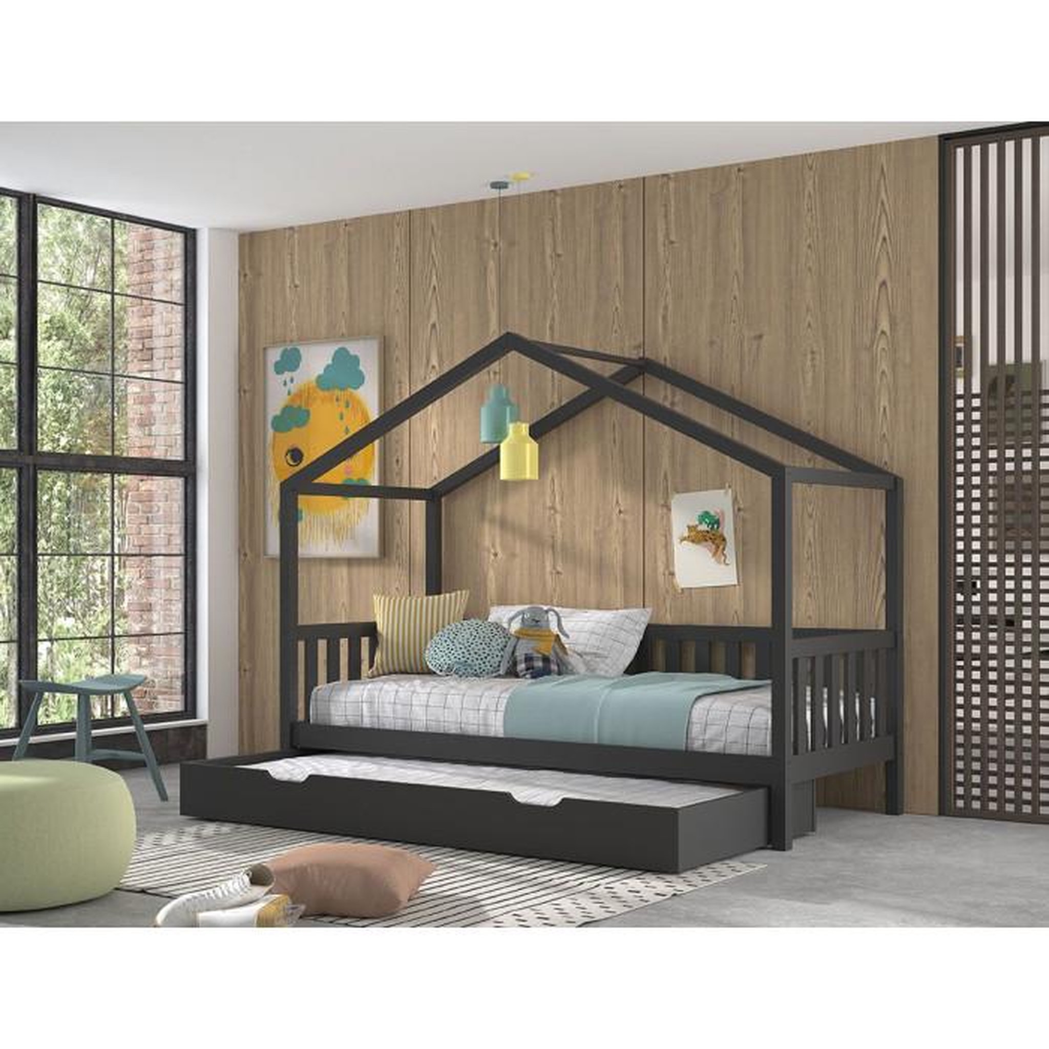 Voir la diapositive 4 : Paris Prix Lit Cabane Enfant & Tiroir  Dallas  90x200cm Anthracite