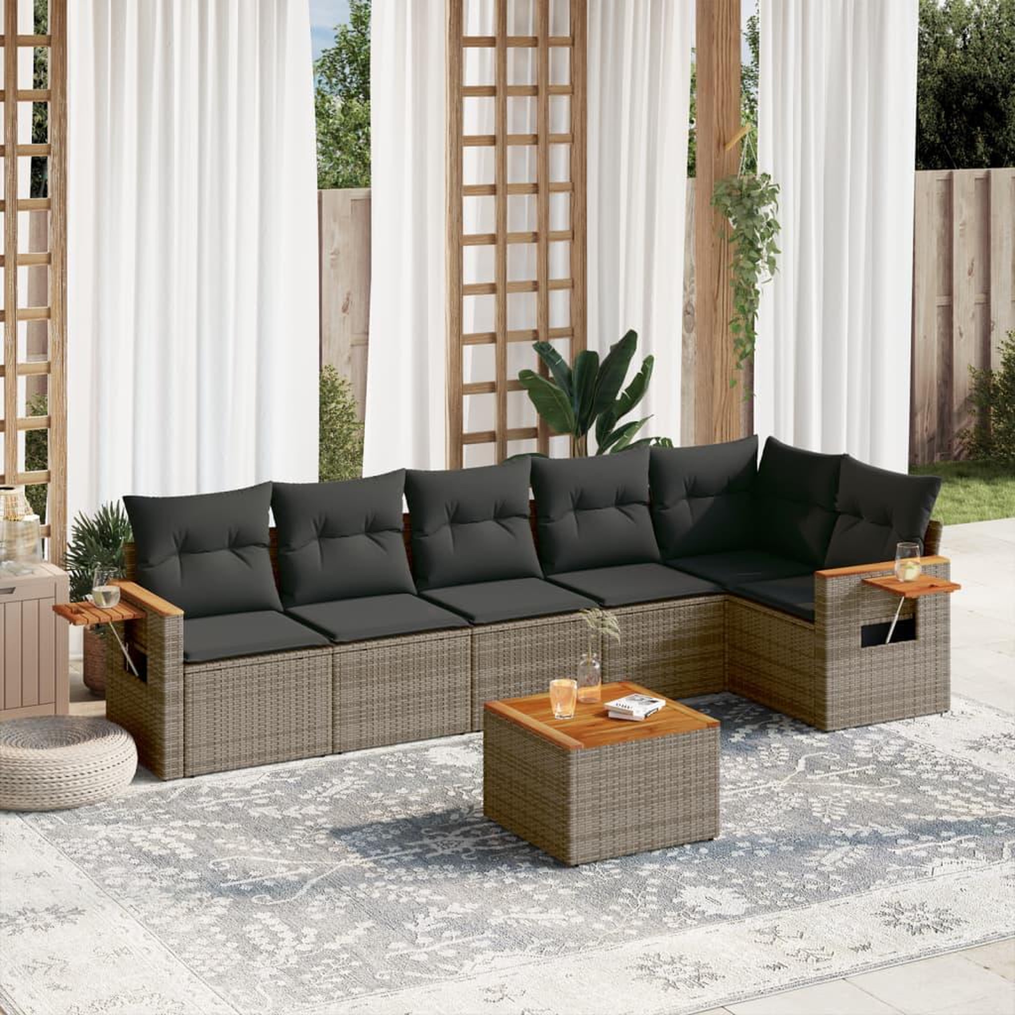 VIDAXL Salon de jardin avec coussins 7 pcs gris resine tressee