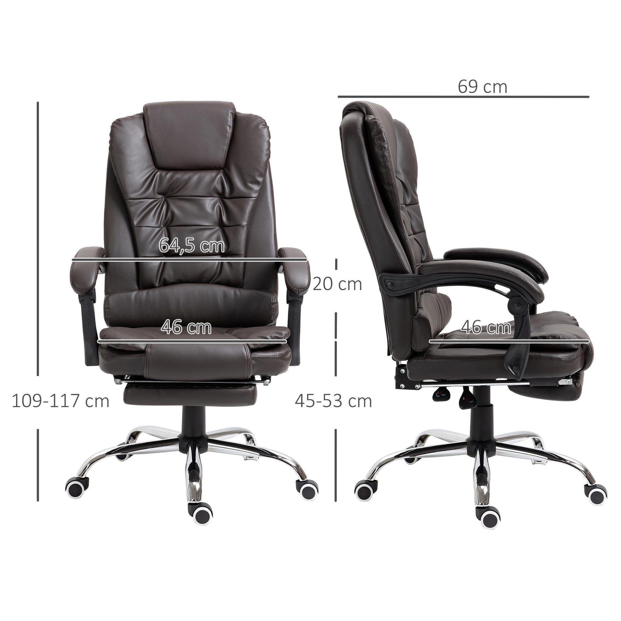 Voir la diapositive 3 : HOMCOM Fauteuil de bureau fauteuil manager grand confort réglable dossier inclinable repose-pied revêtement synthétique chocolat