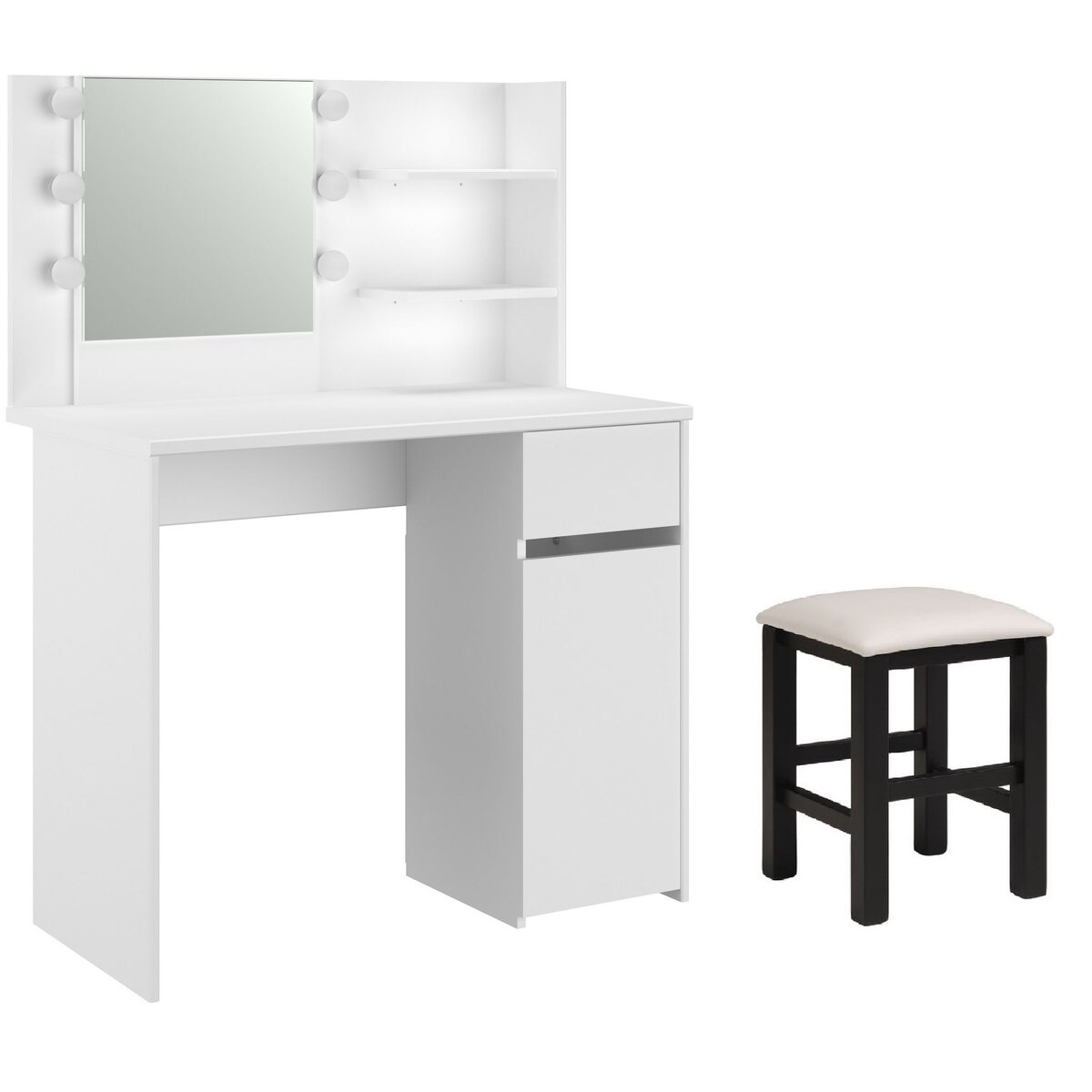 Ensemble Coiffeuse 1 tiroir 1 porte 1 miroir avec ampoules + 1 tabouret  blanc/noir LED ELODIE
