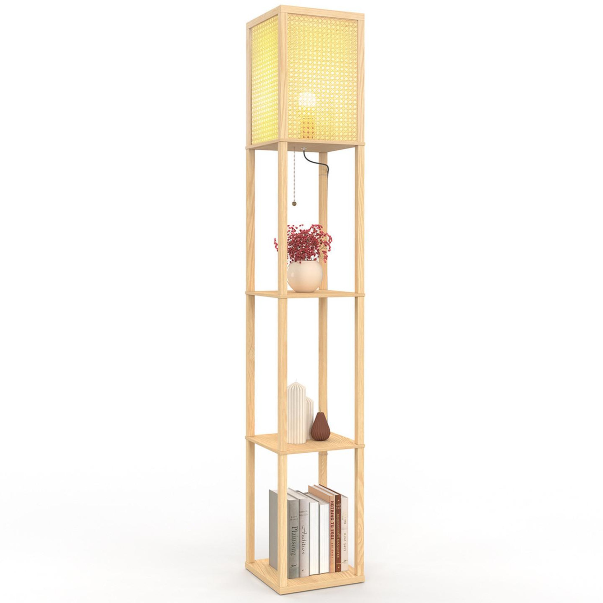 ID MARKET Lampadaire naturel en bois clair avec étagères et abat-jour carré effet cannage