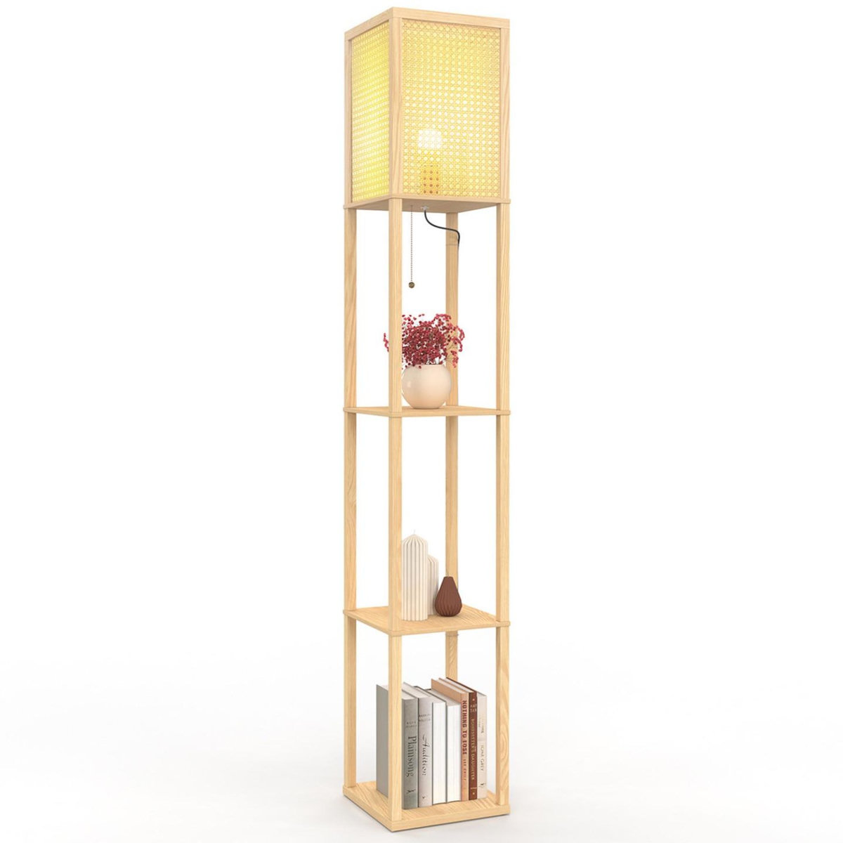 ID MARKET Lampadaire naturel en bois clair avec étagères et abat-jour carré effet cannage