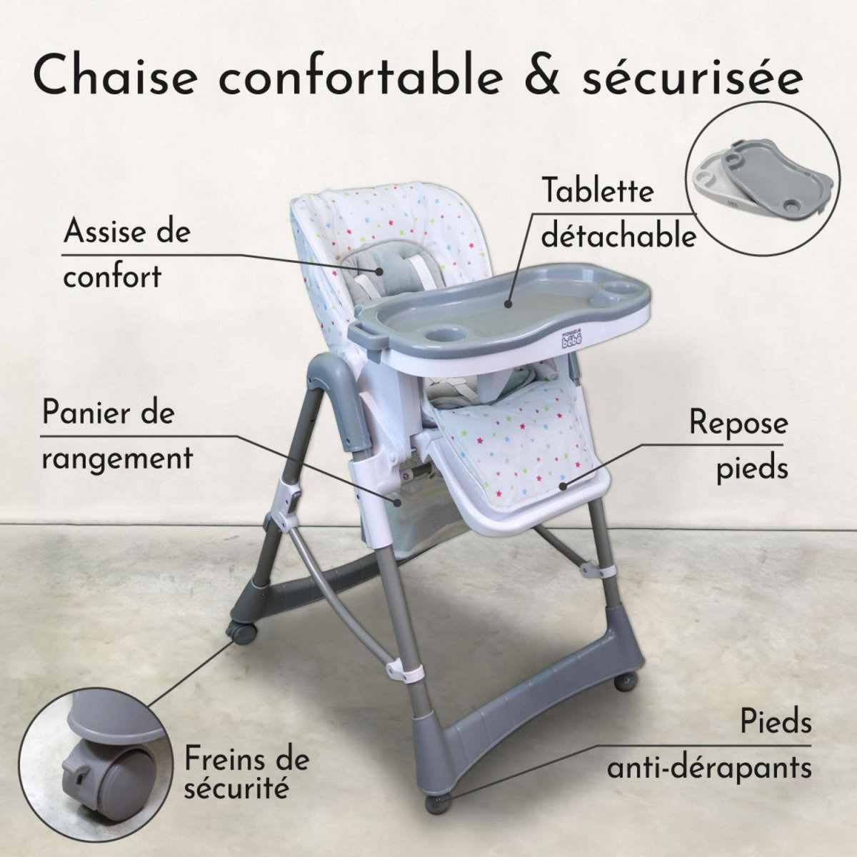 Monsieur Bébé Chaise haute bébé pliable réglable hauteur dossier tablette - Ptit