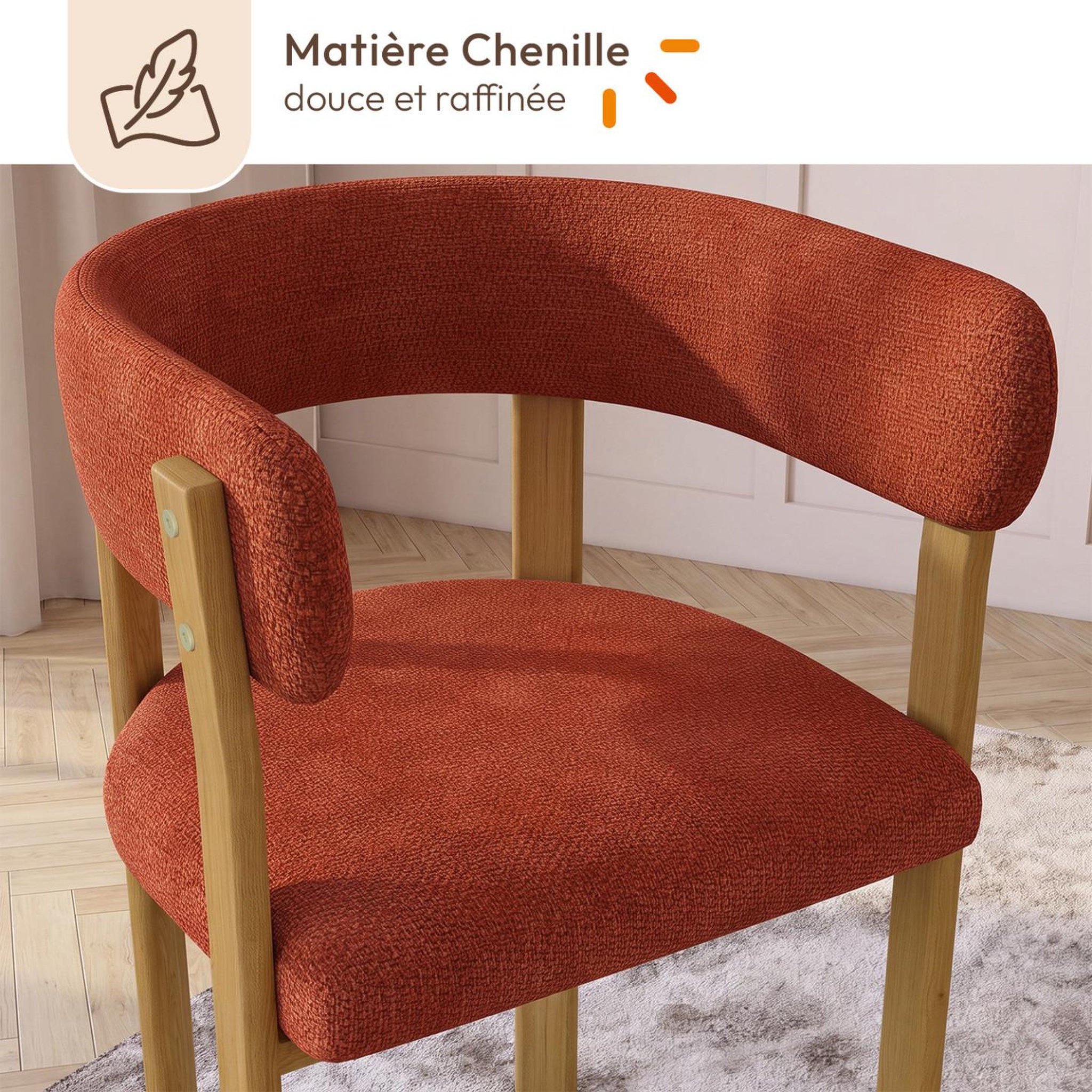 Voir la diapositive 5 : ID MARKET Lot de 2 chaises, fauteuils de table NELLA en tissu chenille terracotta pour salle à manger