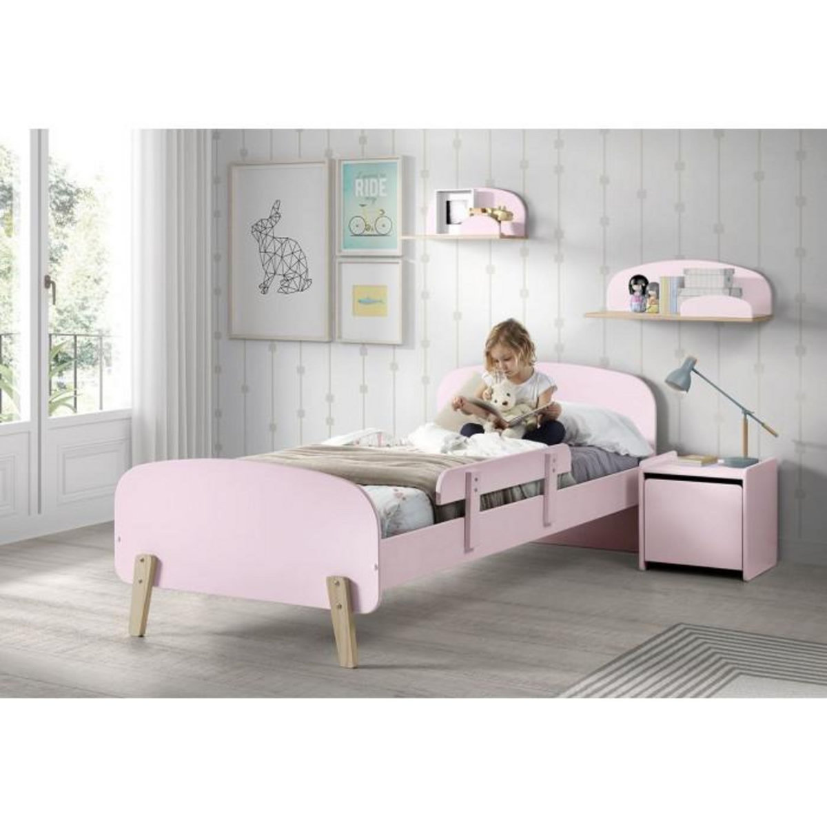 Paris Prix Pack - Lit Enfant, Chevet, Barrière & Coffre  Kiddy  90x200cm Rose