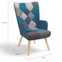 Voir la diapositive 6 : ID MARKET Fauteuil scandinave IVAR avec repose pieds en tissu patchwork et velours bleu