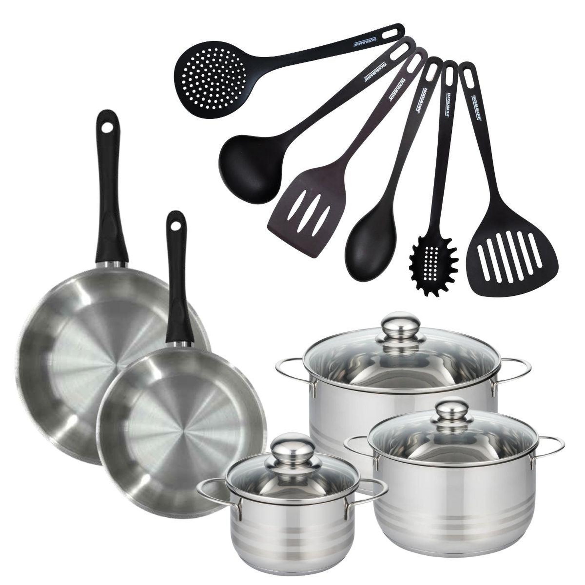 Fackelmann Batterie de cuisine avec 2 poêles 24/28 cm et 3 faitouts 16/20/24 cm avec 6 ustensiles de cuisine sans pfas fackelmann généva brillant fénix