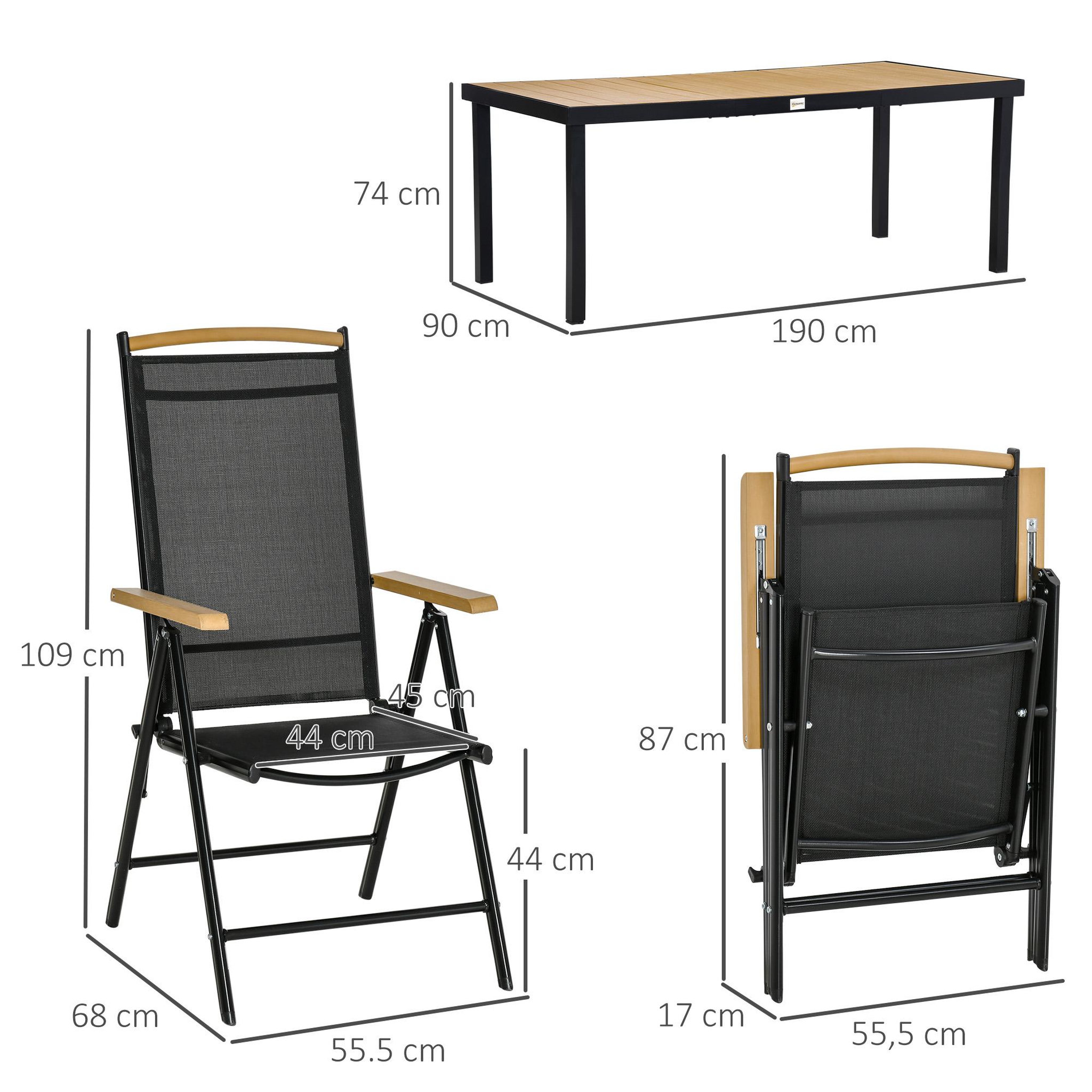 Voir la diapositive 3 : OUTSUNNY Ensemble table de jardin 6 personnes - chaises pliables inclinables accoudoirs - alu textilène noir plastique effet bois