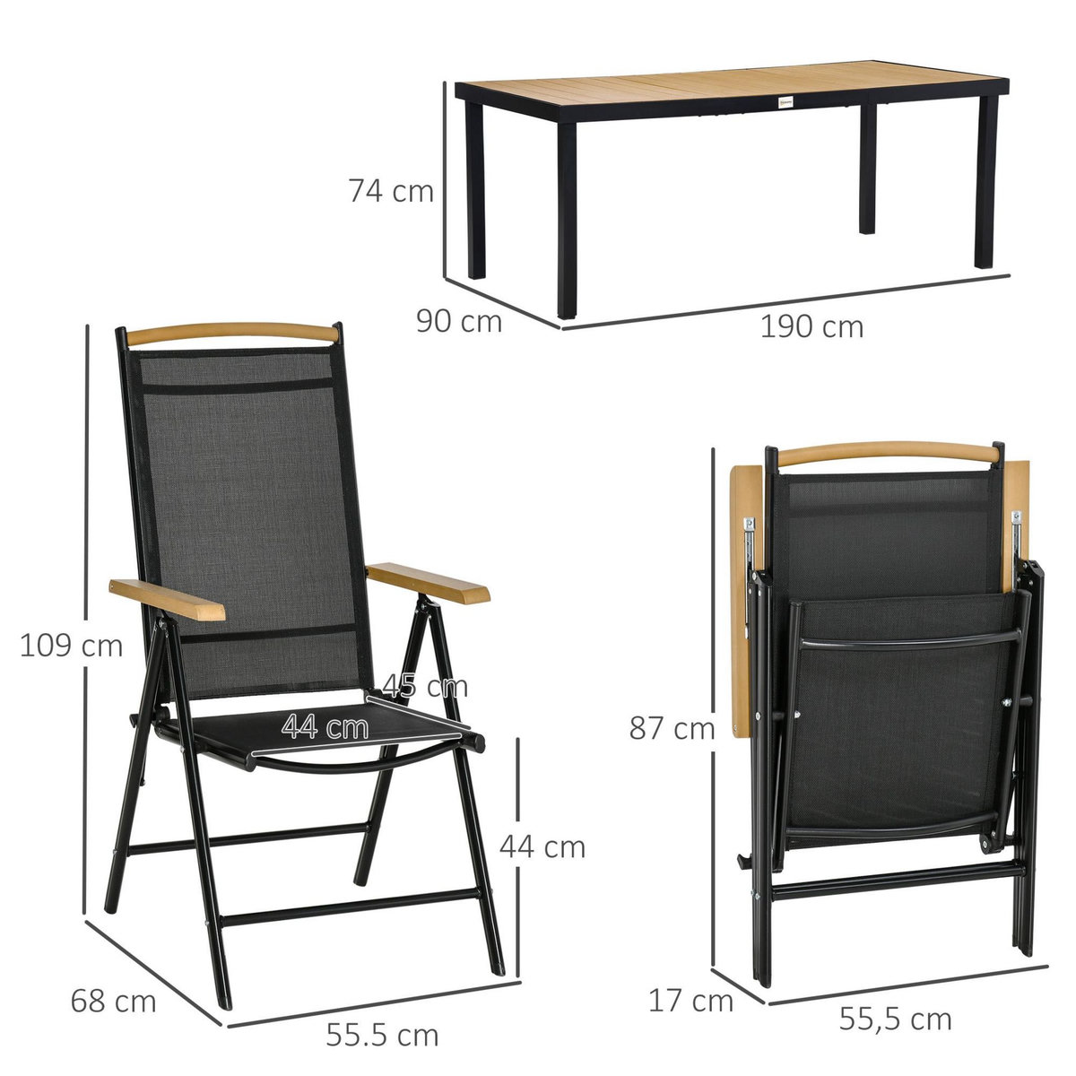 OUTSUNNY Ensemble table de jardin 6 personnes - chaises pliables inclinables accoudoirs - alu textilène noir plastique effet bois