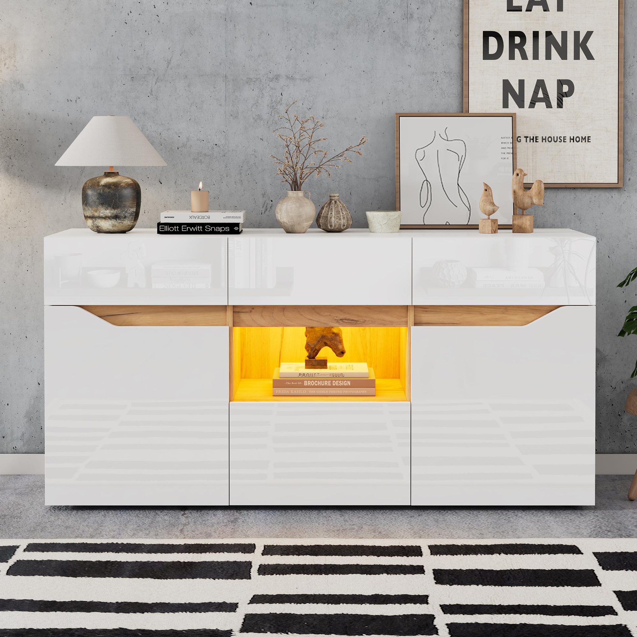 Voir la diapositive 2 : MERAX Buffet 2 porte(s) 4 tiroir(s) - 140 cm blanc led panneau de particules