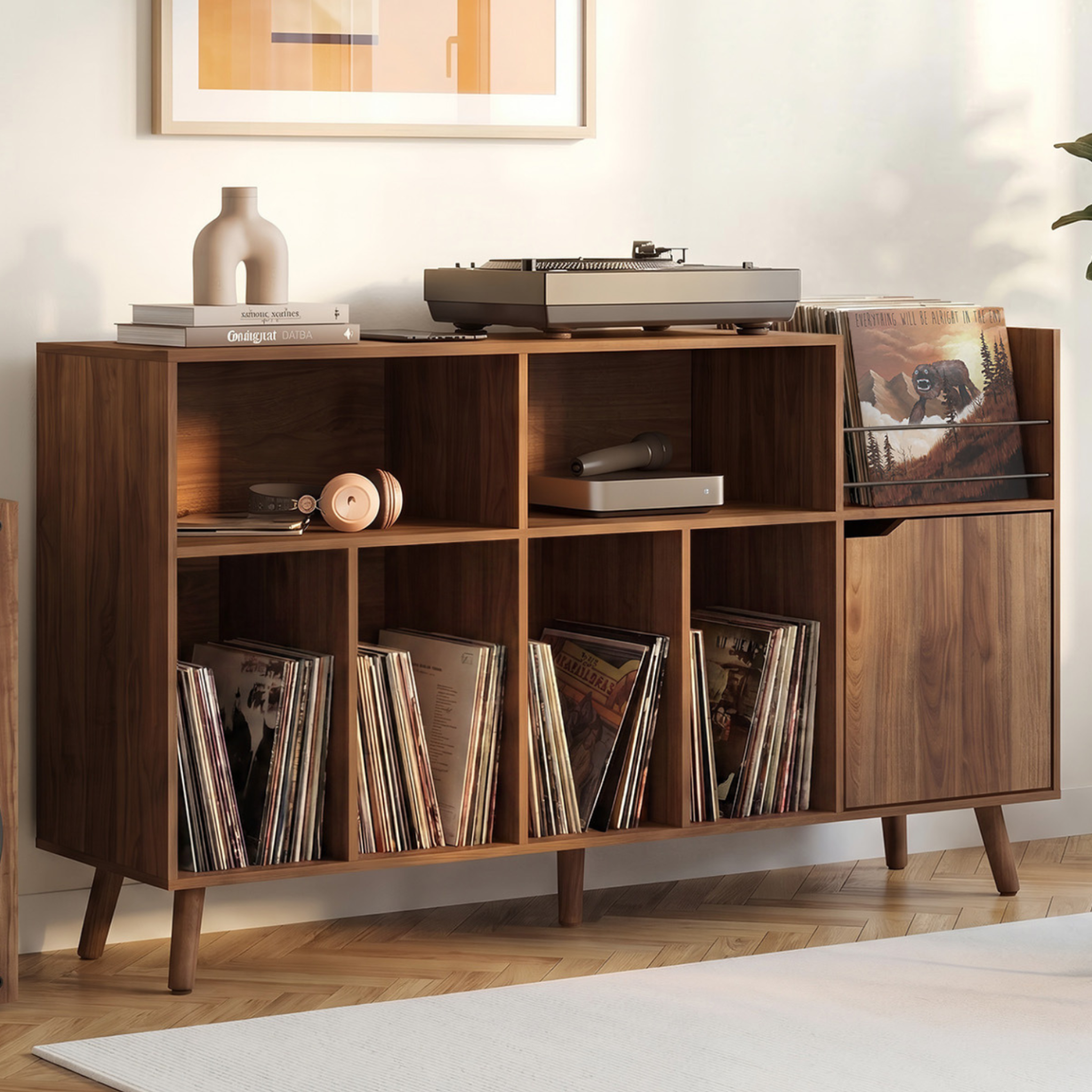Voir la diapositive 2 : ID MARKET Meuble d'appoint, buffet de rangement avec étagères, supports vinyles, platine et placard 130 cm SIENNA vintage effet noyer