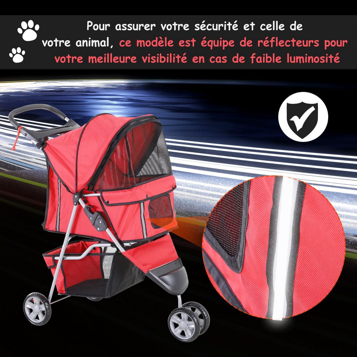 PAWHUT Poussette buggy pour chien chat animaux roue avant pivotante 360 degrés rouge