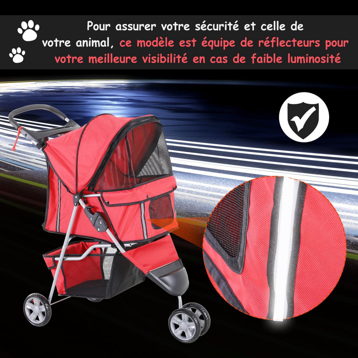 PAWHUT Poussette buggy pour chien chat animaux roue avant pivotante 360 degrés rouge