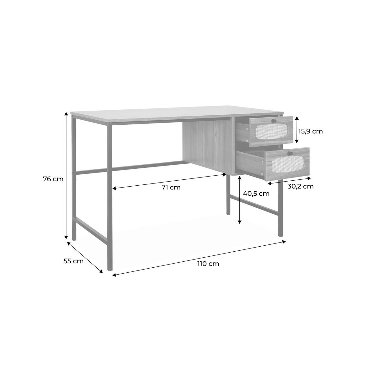 SWEEEK Bureau rétro décor bois et cannage avec piètement et poignées en métal noir