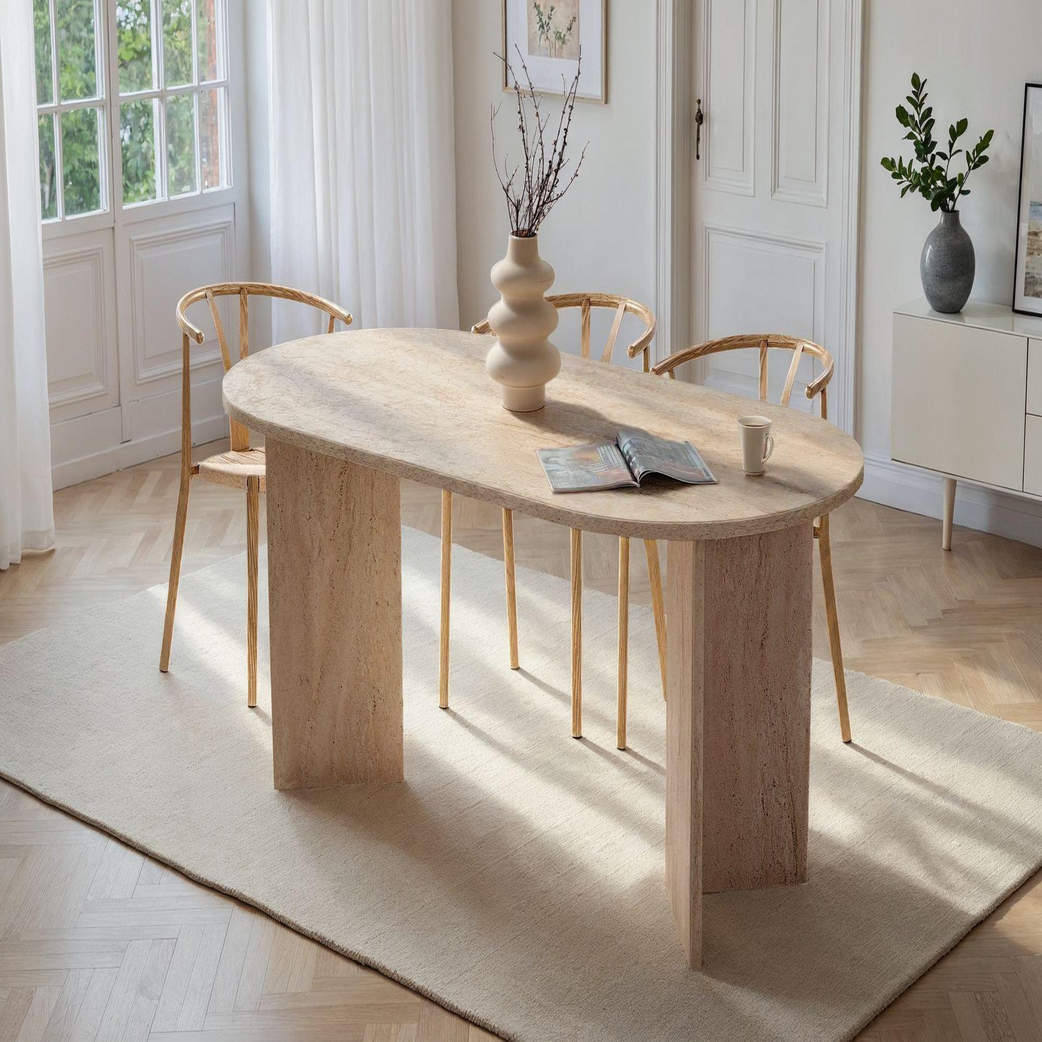 Voir la diapositive 2 : Habitat et Jardin Table à manger en bois  sablin  - 180 x 89 x 75 cm - travertin