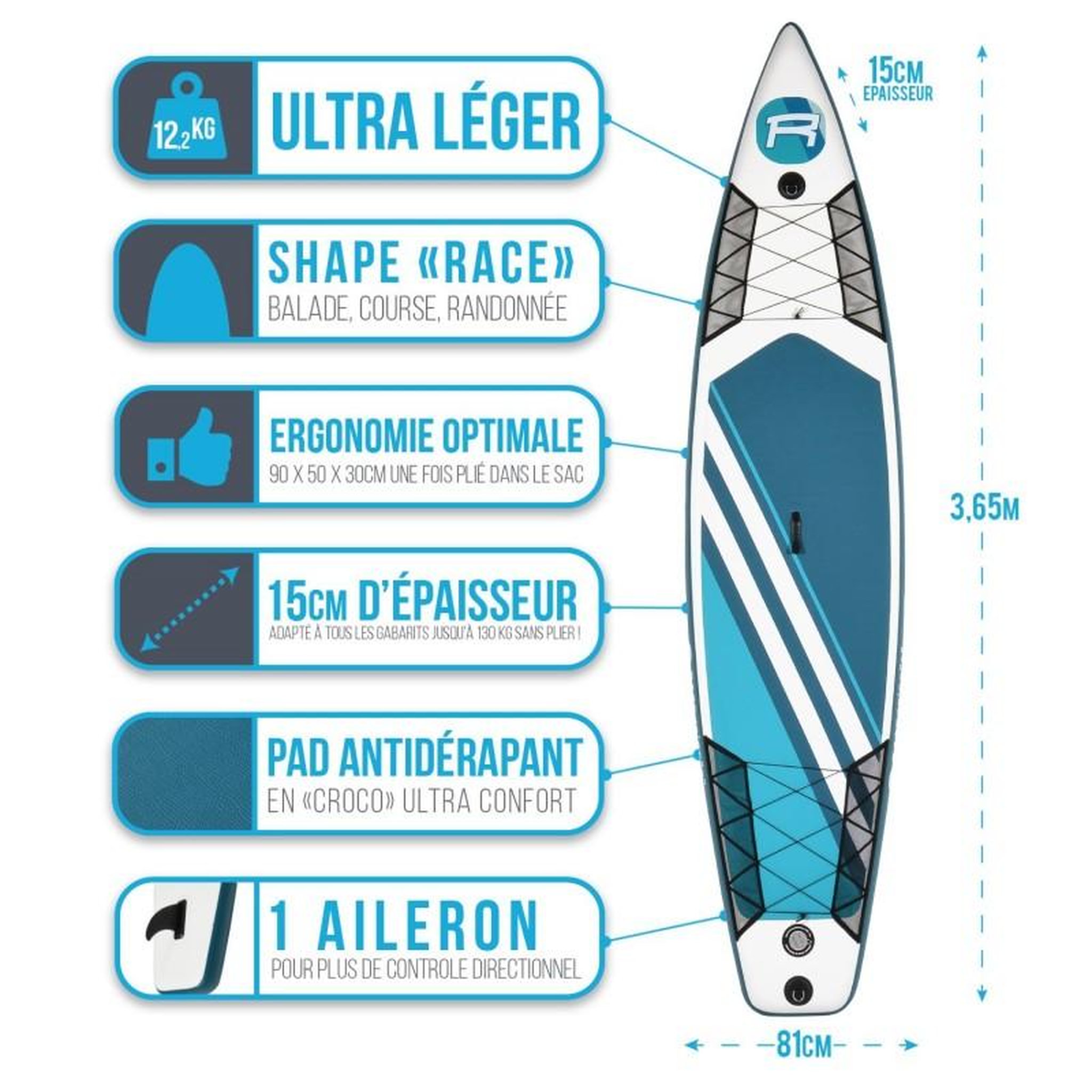 Voir la diapositive 2 : ROHE Pack Stand Up Paddle gonflable ROHE RACE 12' x 32'' x 6'' (365 x 81 x 15 cm) – avec accessoires