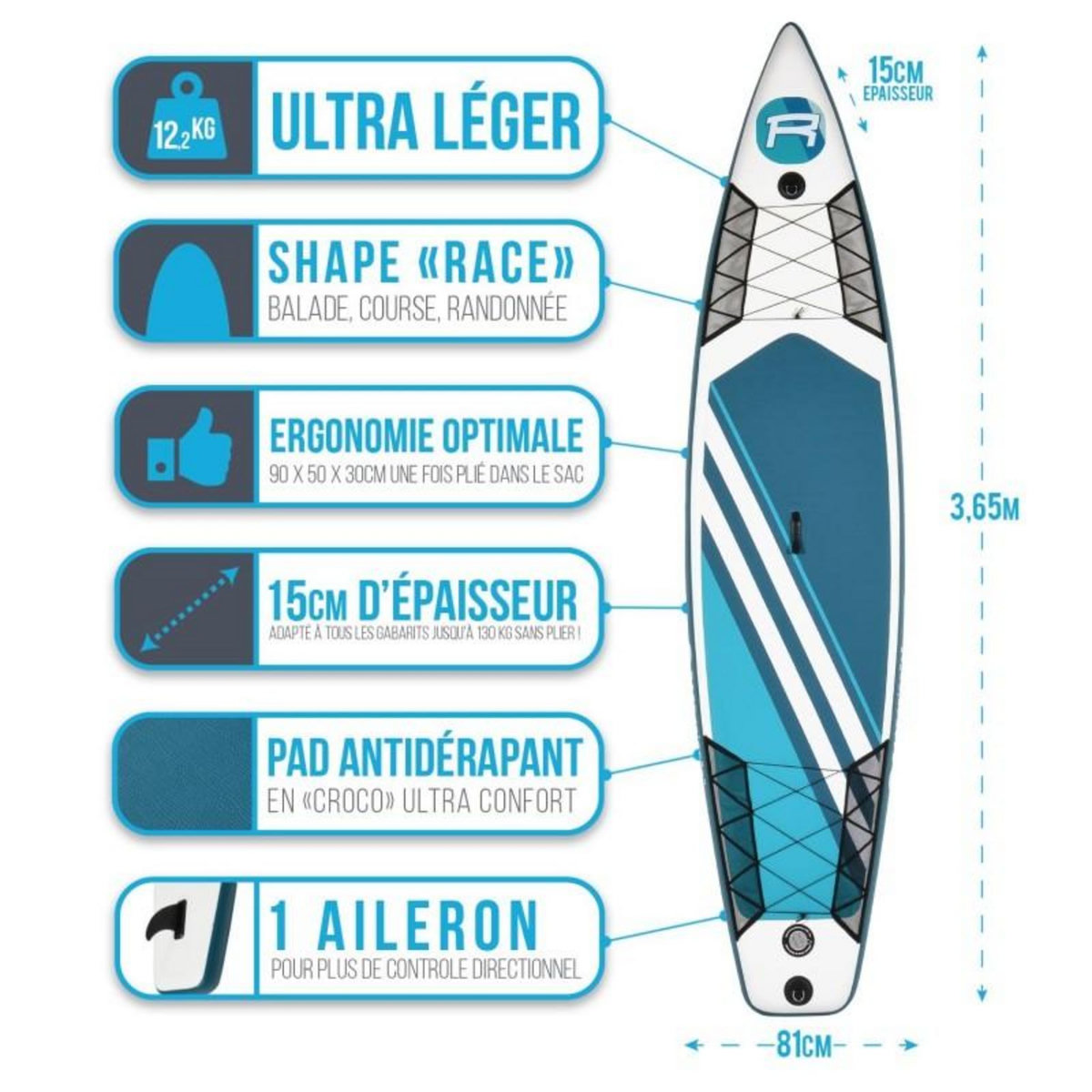 ROHE Pack Stand Up Paddle gonflable ROHE RACE 12' x 32'' x 6'' (365 x 81 x 15 cm) – avec accessoires