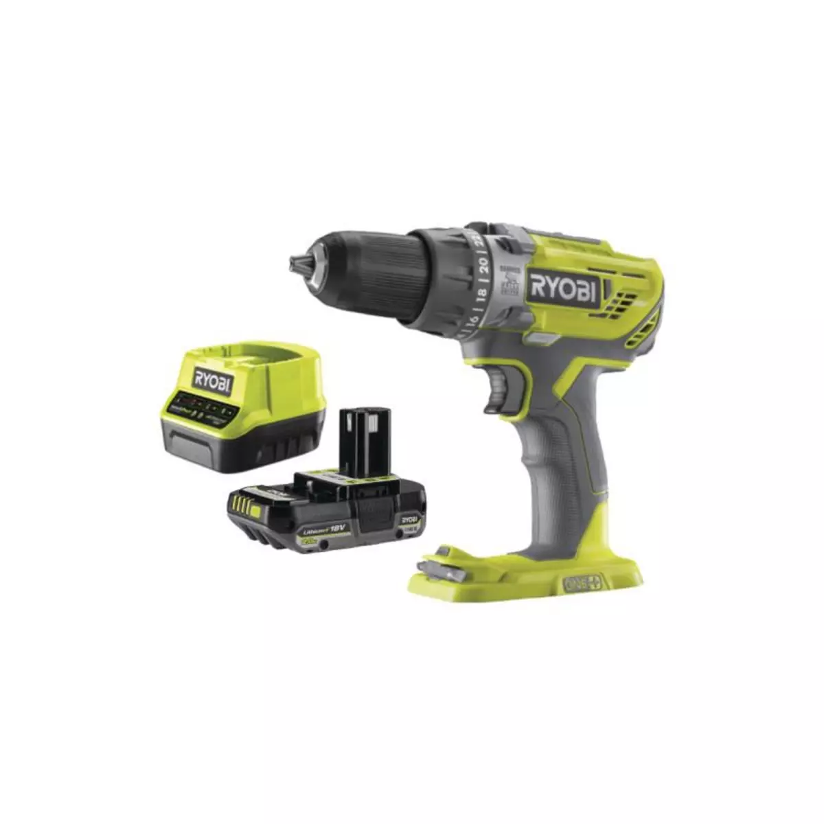 Ryobi Pack RYOBI Perceuse à percussion R18PD3-0 - 18V One+ - 1 Batterie 2.0Ah - 1 Chargeur rapide