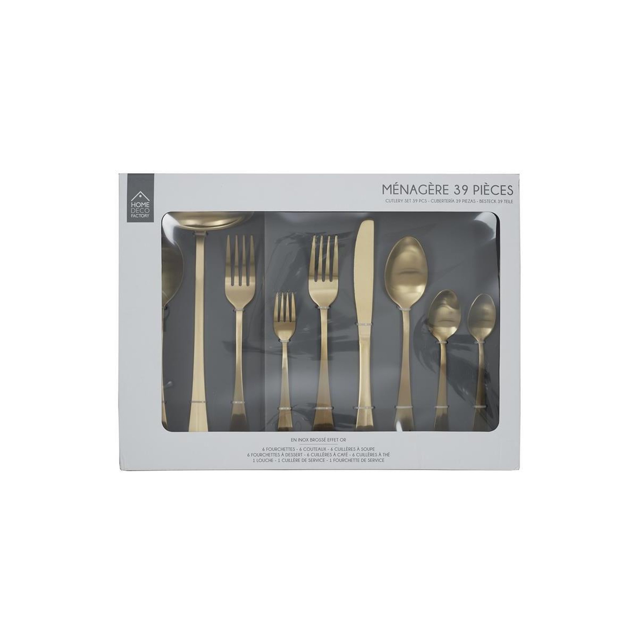 Voir la diapositive 2 : The Home Deco Factory Ménagère 39 Pièces en Inox  Brossée  25cm Or