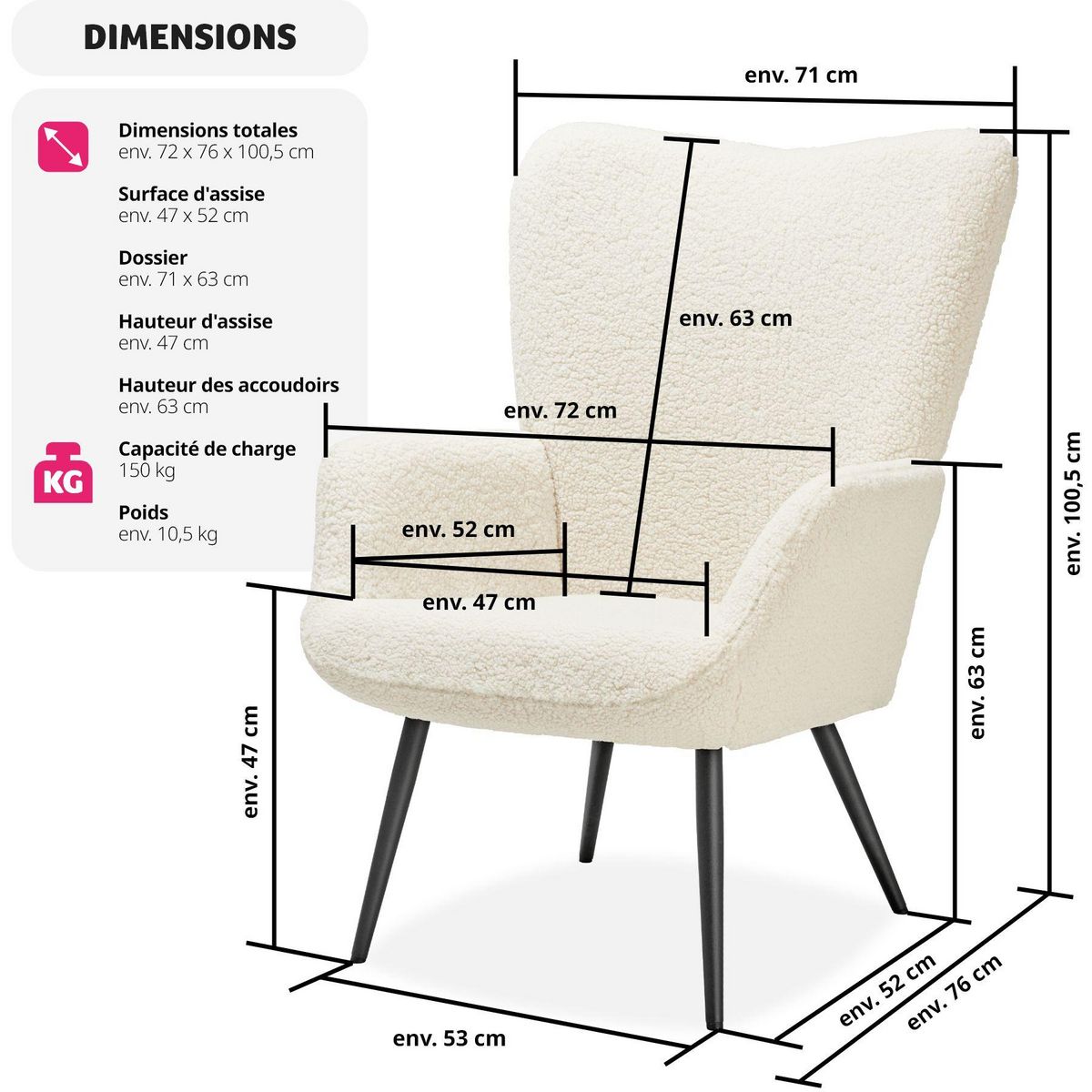 tectake Fauteuil rembourré Bouclé crème/noir