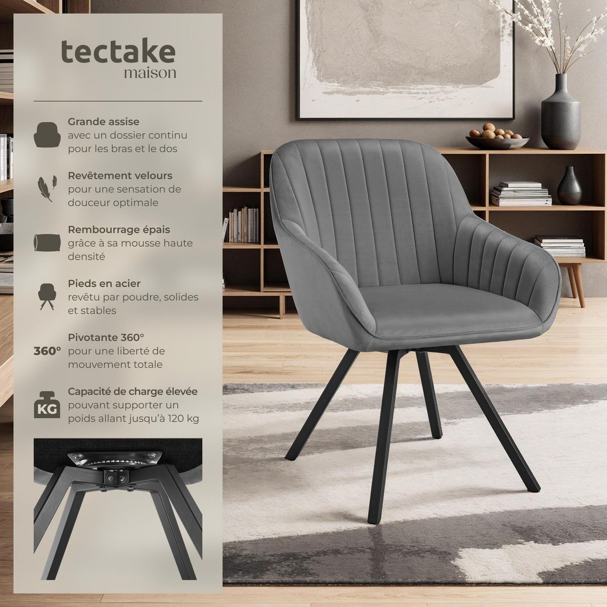 tectake Chaise pivotante avec accoudoirs rembourrée aspect velours gris Lot de 4