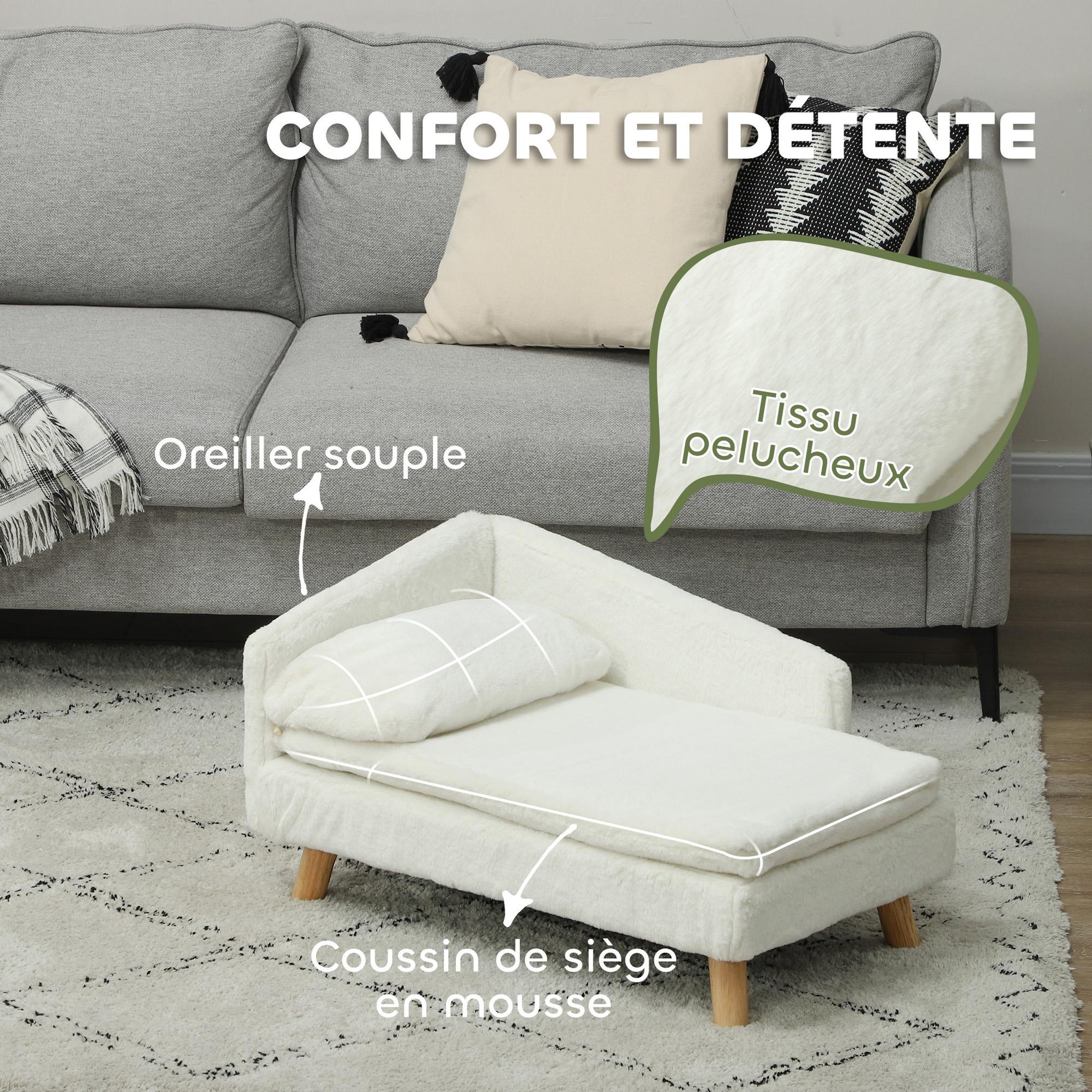 Voir la diapositive 4 : PAWHUT Canapé chien méridienne style scandinave 2 coussins déhoussables bois aspect fourrure crème