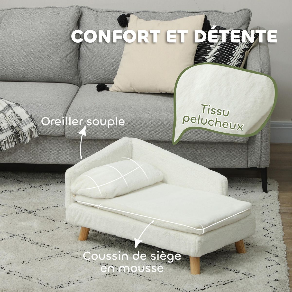 PAWHUT Canapé chien méridienne style scandinave 2 coussins déhoussables bois aspect fourrure crème