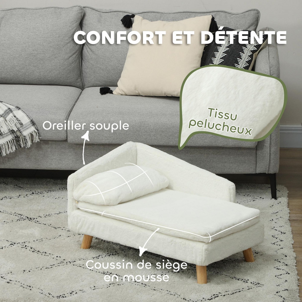 PAWHUT Canapé chien méridienne style scandinave 2 coussins déhoussables bois aspect fourrure crème