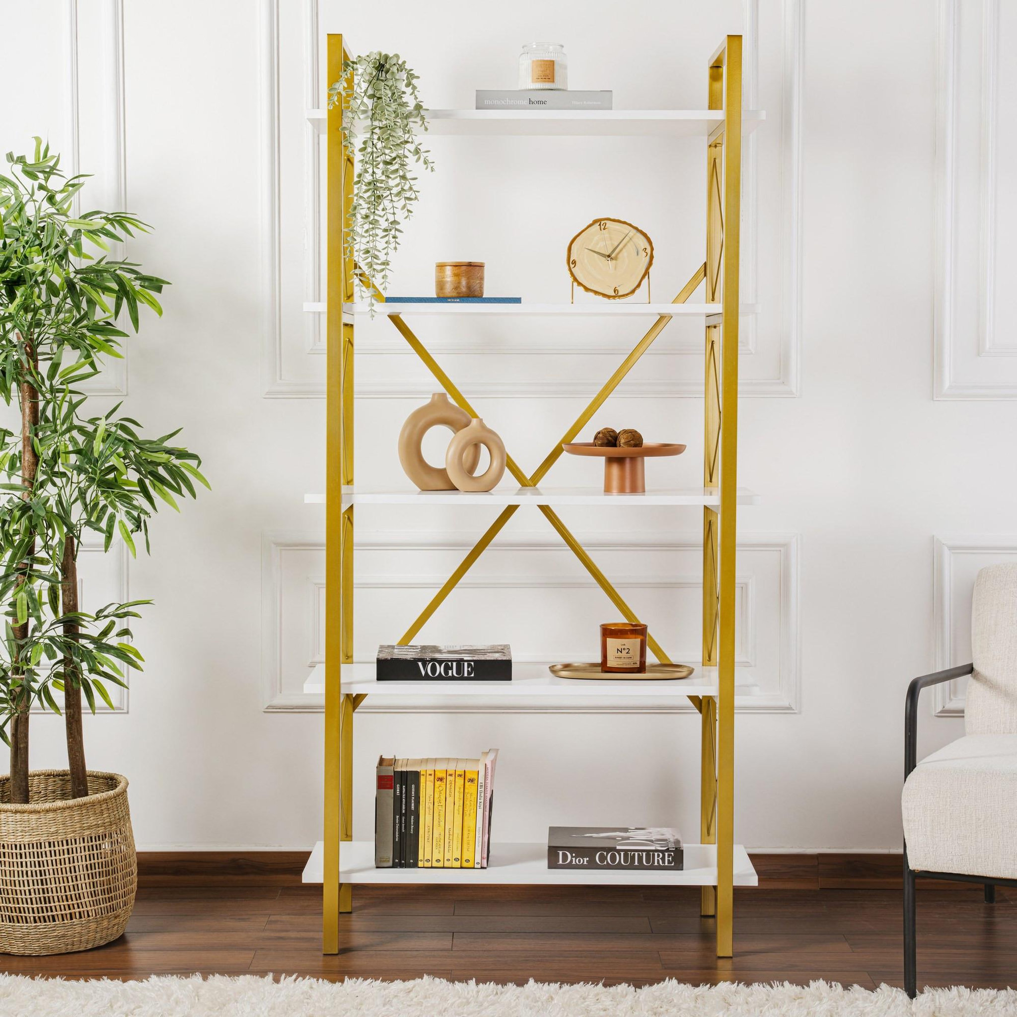Voir la diapositive 3 : Habitat et Jardin Bibliothèque en bois  elysian  - 90 x 33 x 180 cm - or blanc