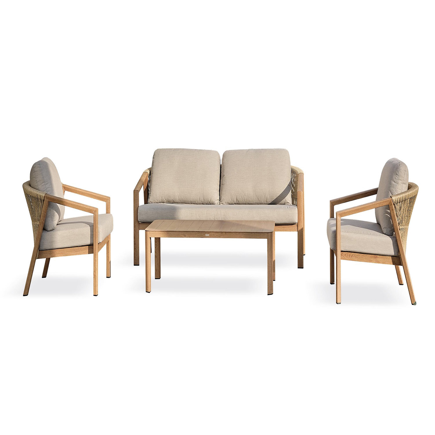 Salon de jardin bas en aluminium imitation bois, coussins (5 places)