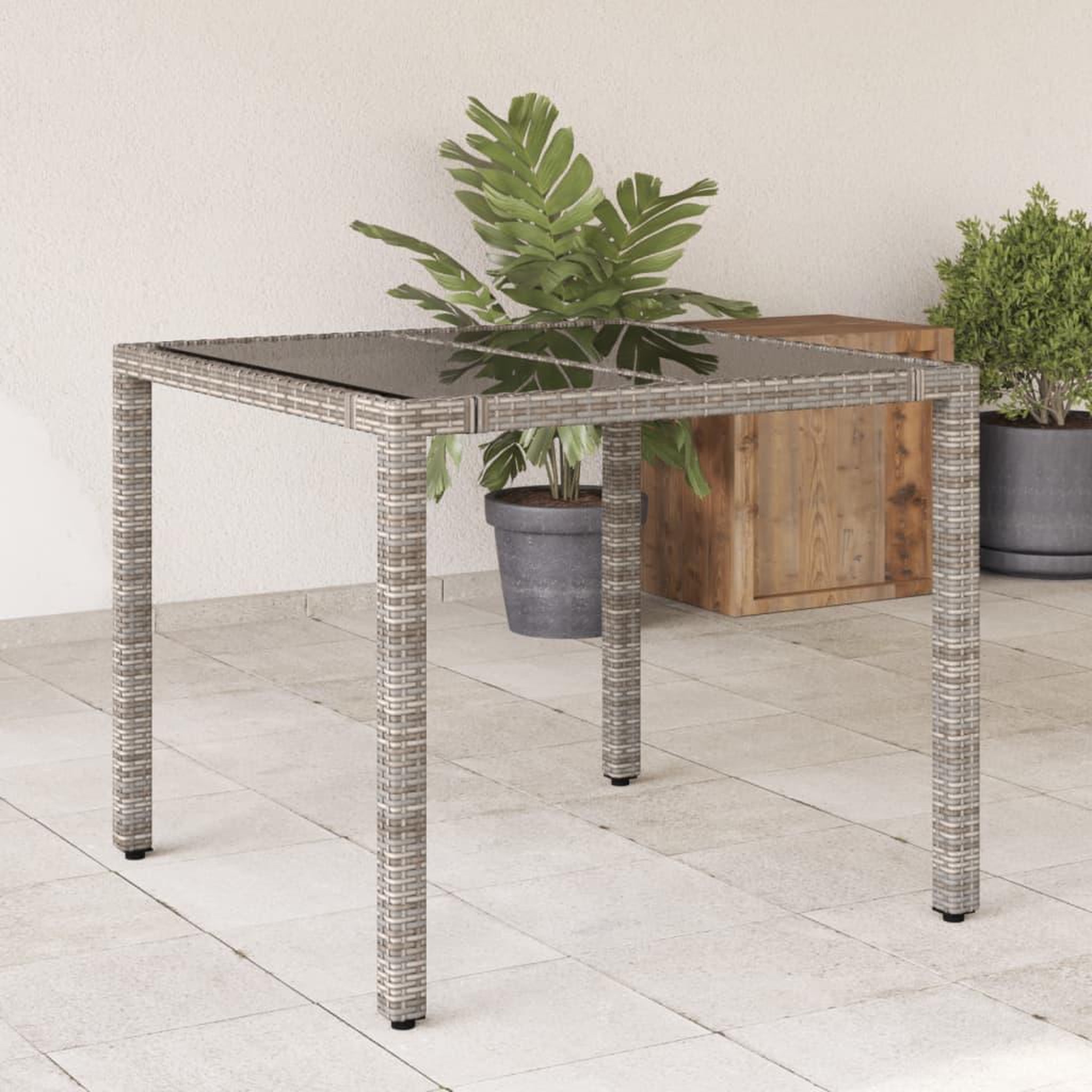 VIDAXL Table de jardin dessus en verre Gris 90x90x75 cm Resine tressee