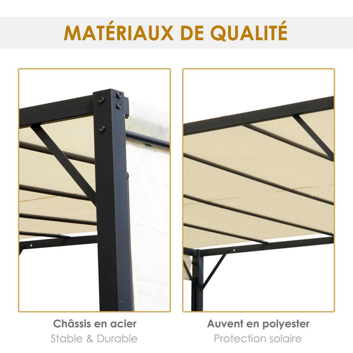 OUTSUNNY Pergola rétractable dim. 3L x 3l x 2,3H m structure acier époxy anticorrosion noir toile polyester haute densité crème