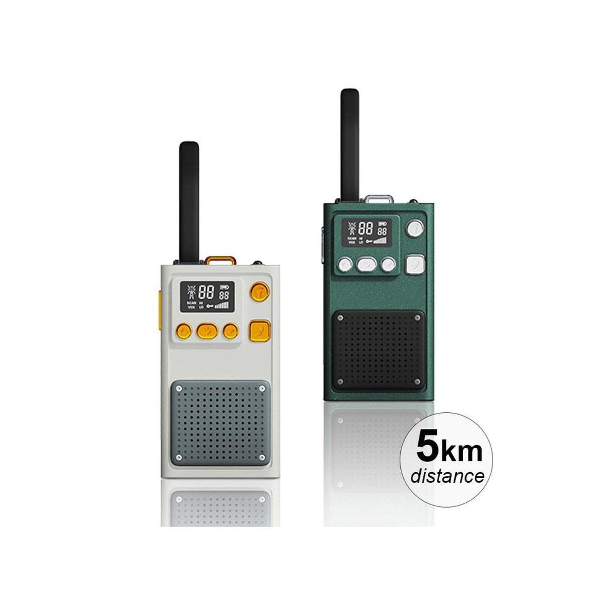1001JOUETS Talkie-Walkies Enfant - Portée 5 km, VOX, Écran LCD, Lampe Torche - Beige et Vert - Lot de 2