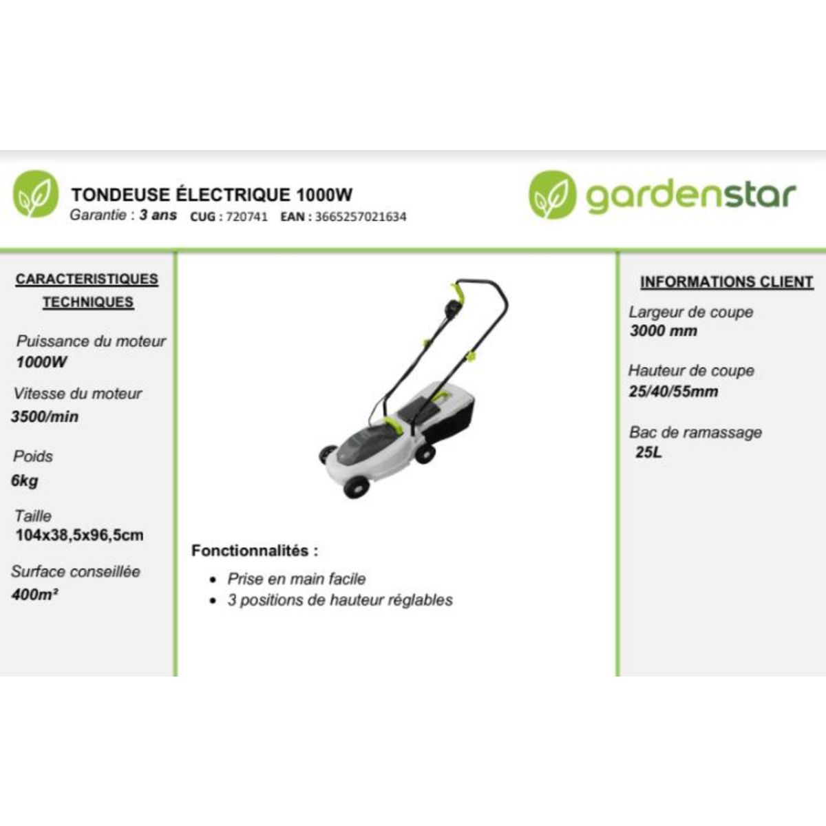 GARDENSTAR Tondeuse électrique 1000 W